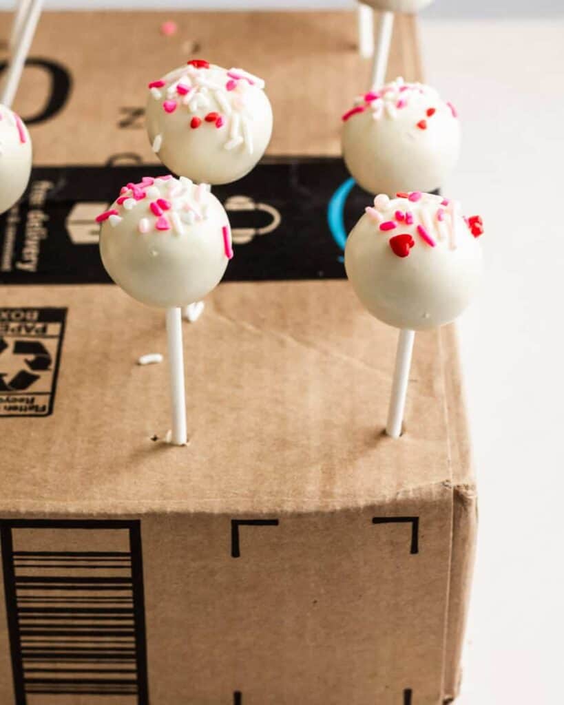 cake pops can also dry in styrofoam board or box with holes poked in it