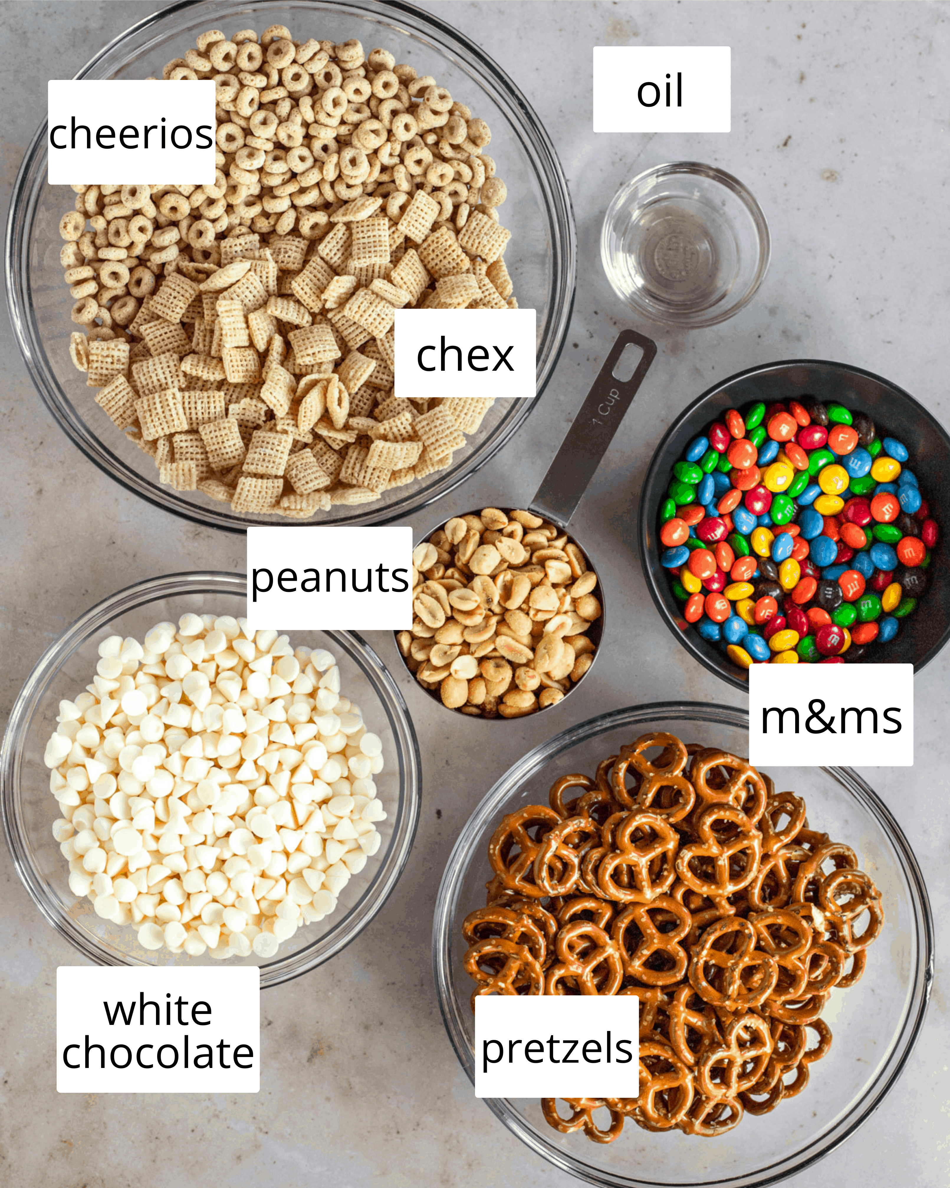 ingredients needed for white chocolate chex mix. 
