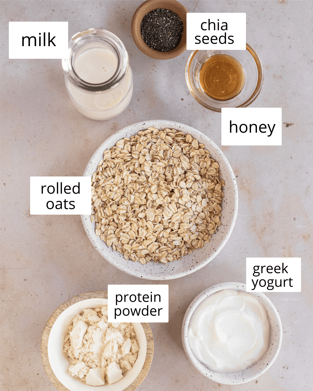 Ingredients needed to make high-protein overnight oats
