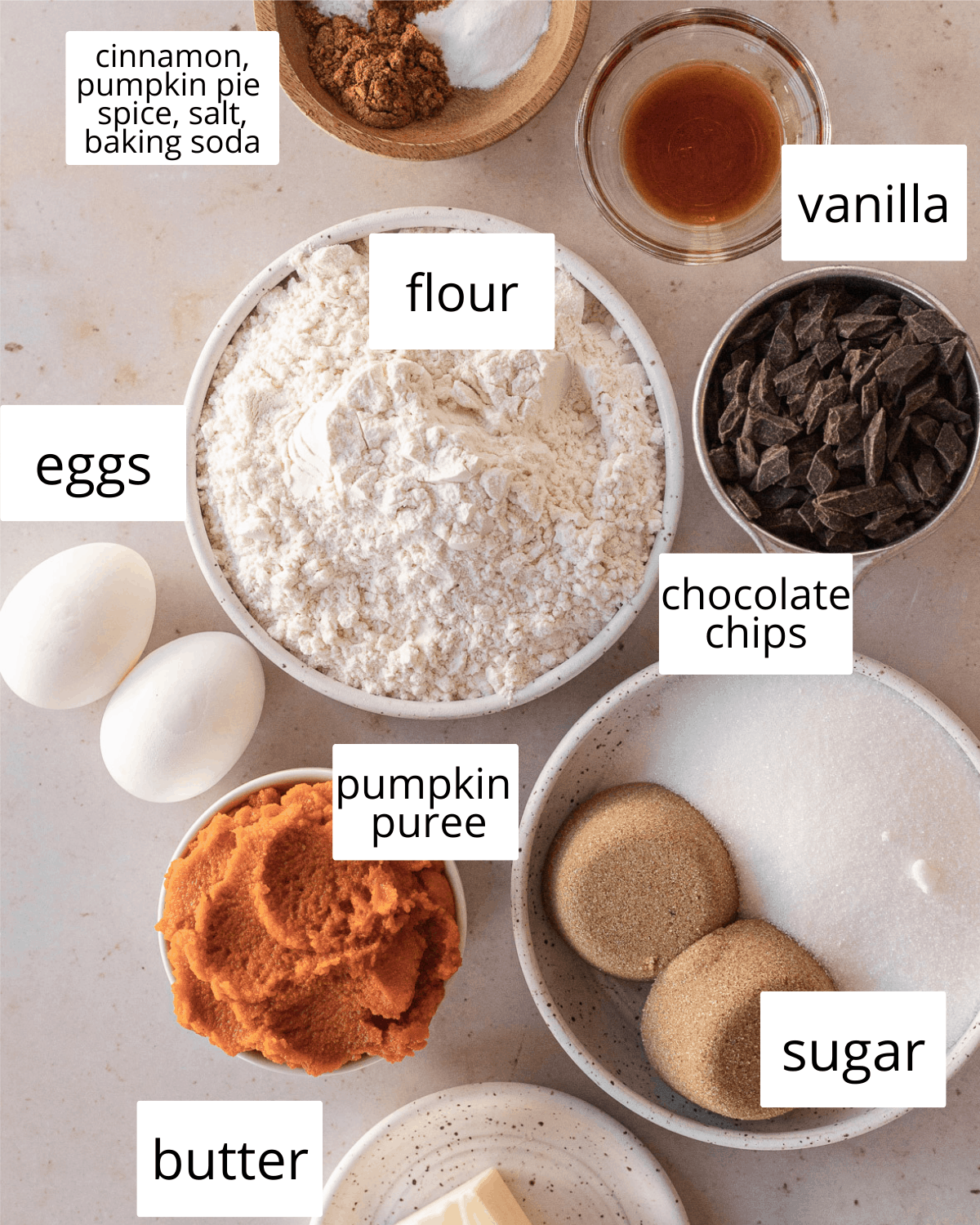 ingredients needed to make pumpkin chocolate chip muffins