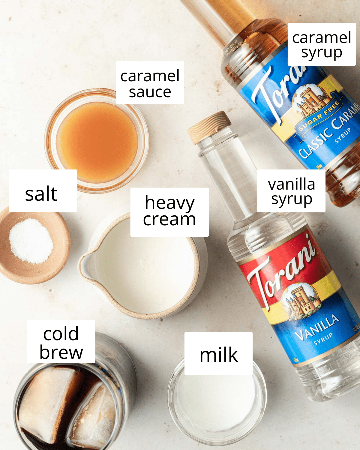 Ingredients needed to make Starbucks salted caramel cream cold brew