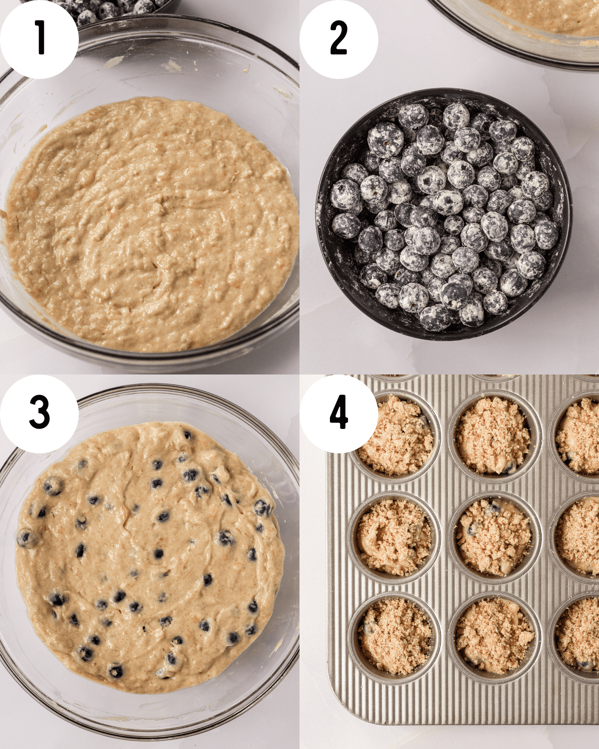 step by step process- batter mixed in a clear bowl, blueberries mixed with flour, fully mixed batter, muffins in a muffins tin with streusel on top. 