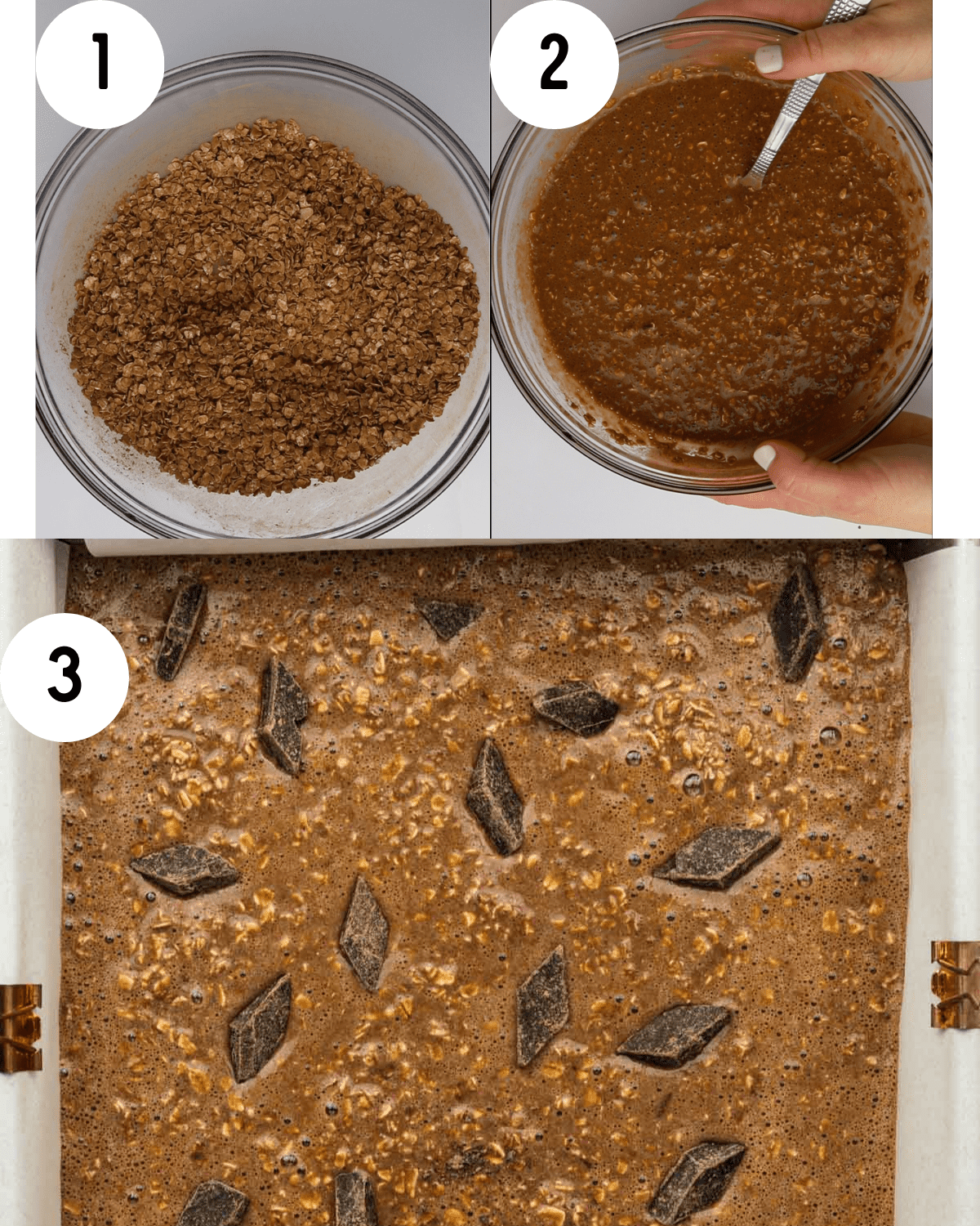 steps to make baked oats. dry ingredients in a clear bowl, all ingredients mixed together in a clear bowl, oats in a baking dish with chocolate chunks on top. 