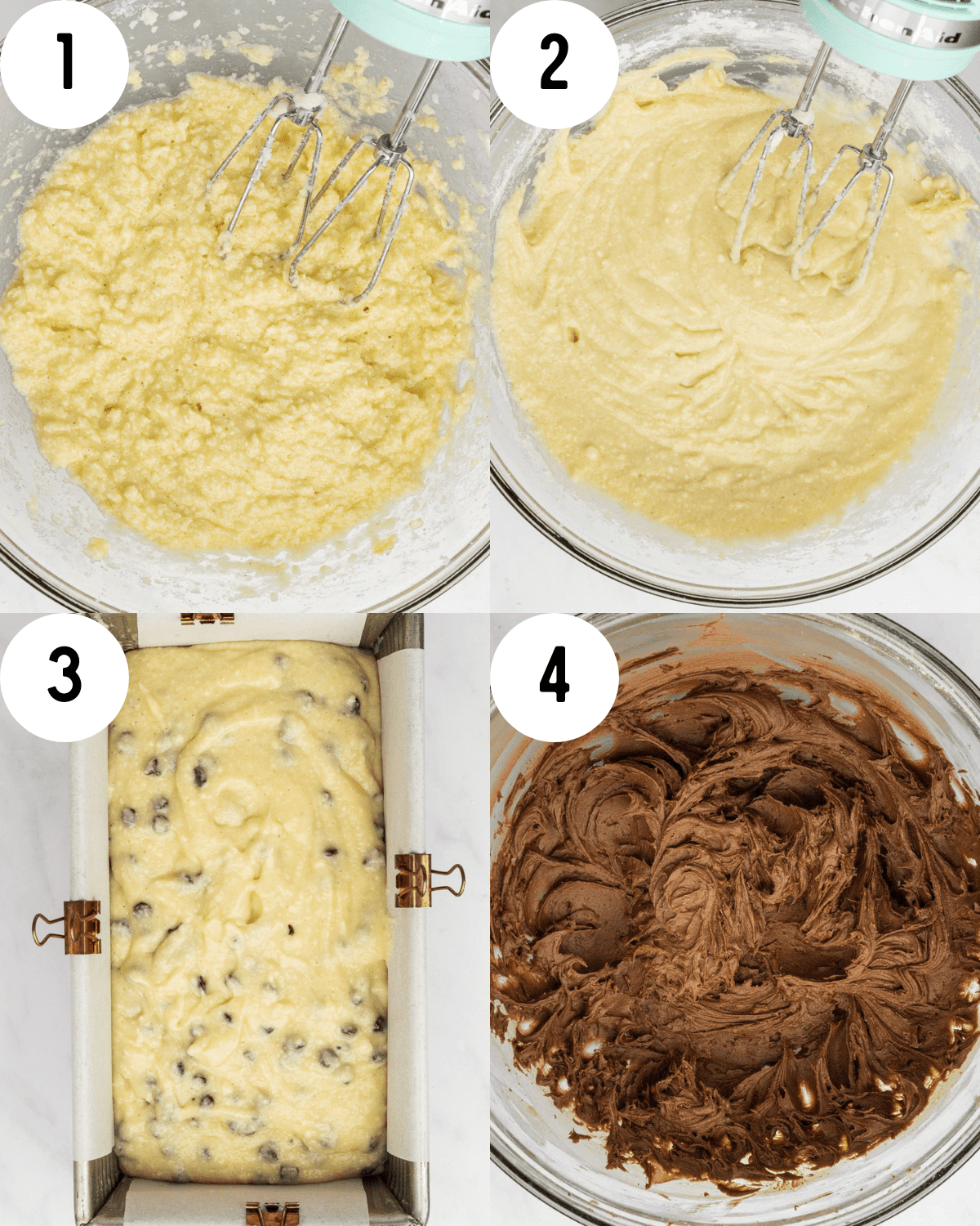 steps to make loaf cake- wet ingredients mixed together in a clear glass bowl. Dry ingredients + milk mixed into clear glass bowl. Chocolate chip loaf cake batter in a loaf paan. Chocolate buttercream whipped together in a clear glass bowl. 