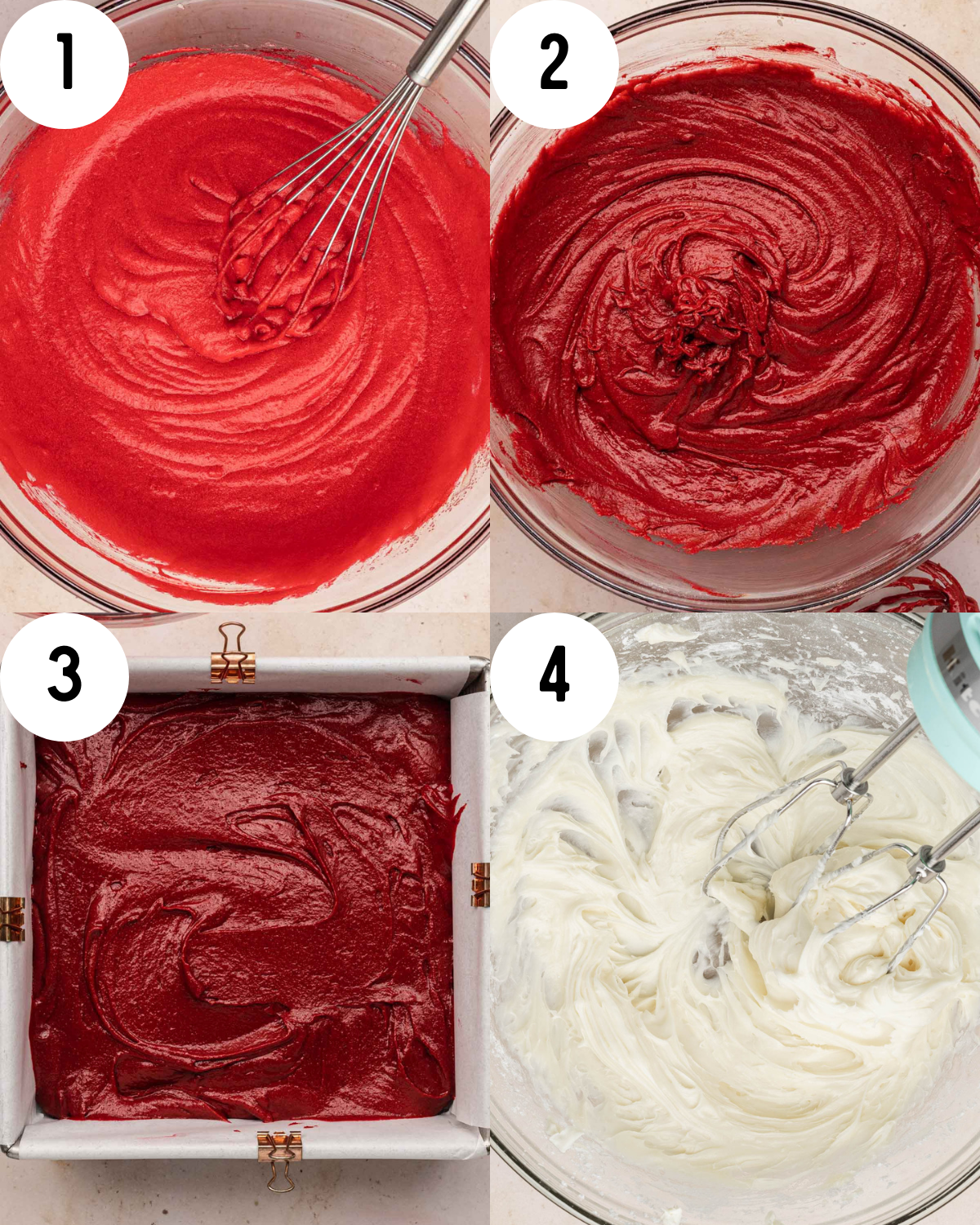process shots of red velvet brownies, red batter in a clear bowl, batter poured into a square baking pan, cream cheese icing in a clear mixing bowl.