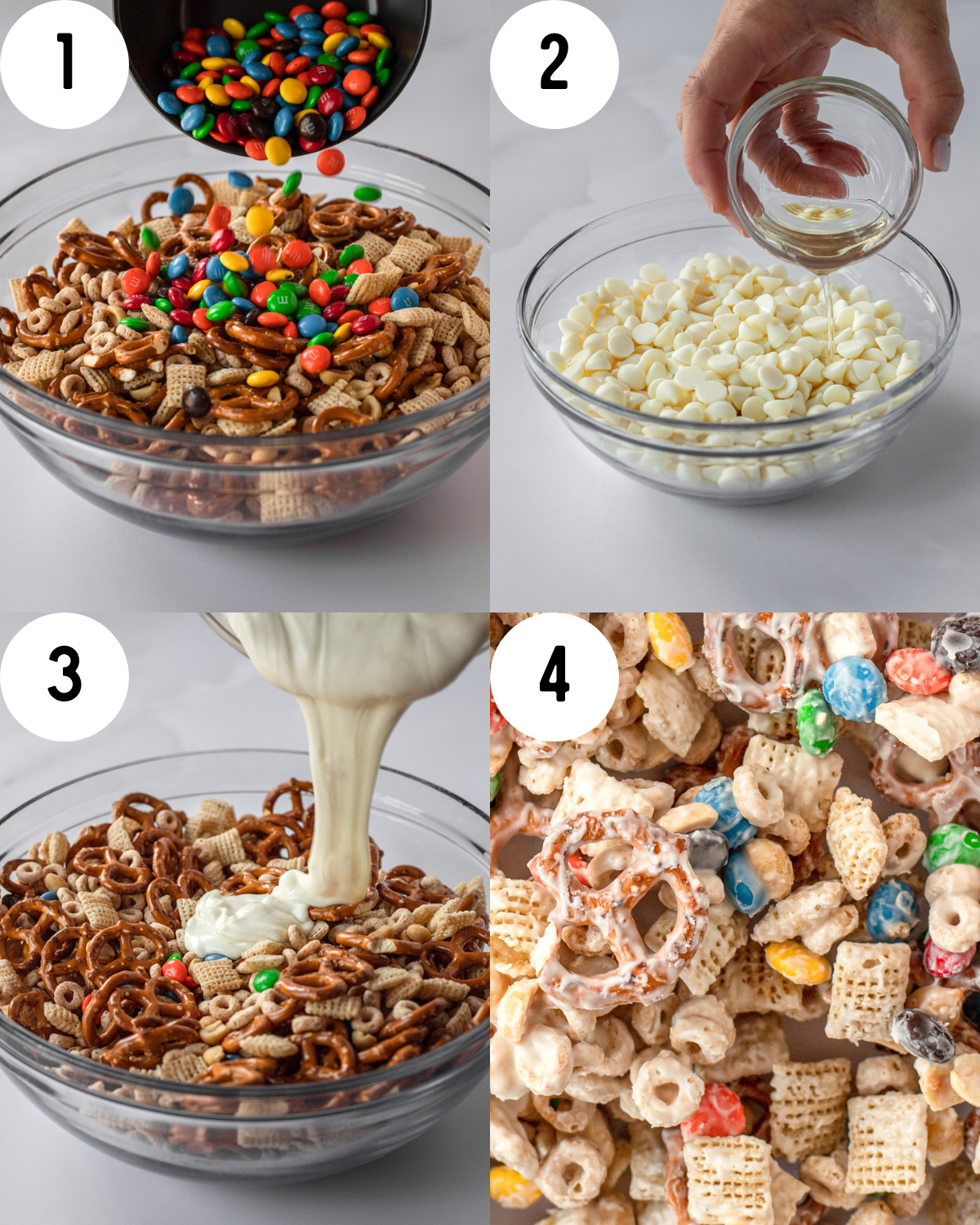 4 steps to make chex mix- mixing ingredients, melting oil and chocolate, pouring white chocolate on chex mix, spreading onto a sheet to dry. 