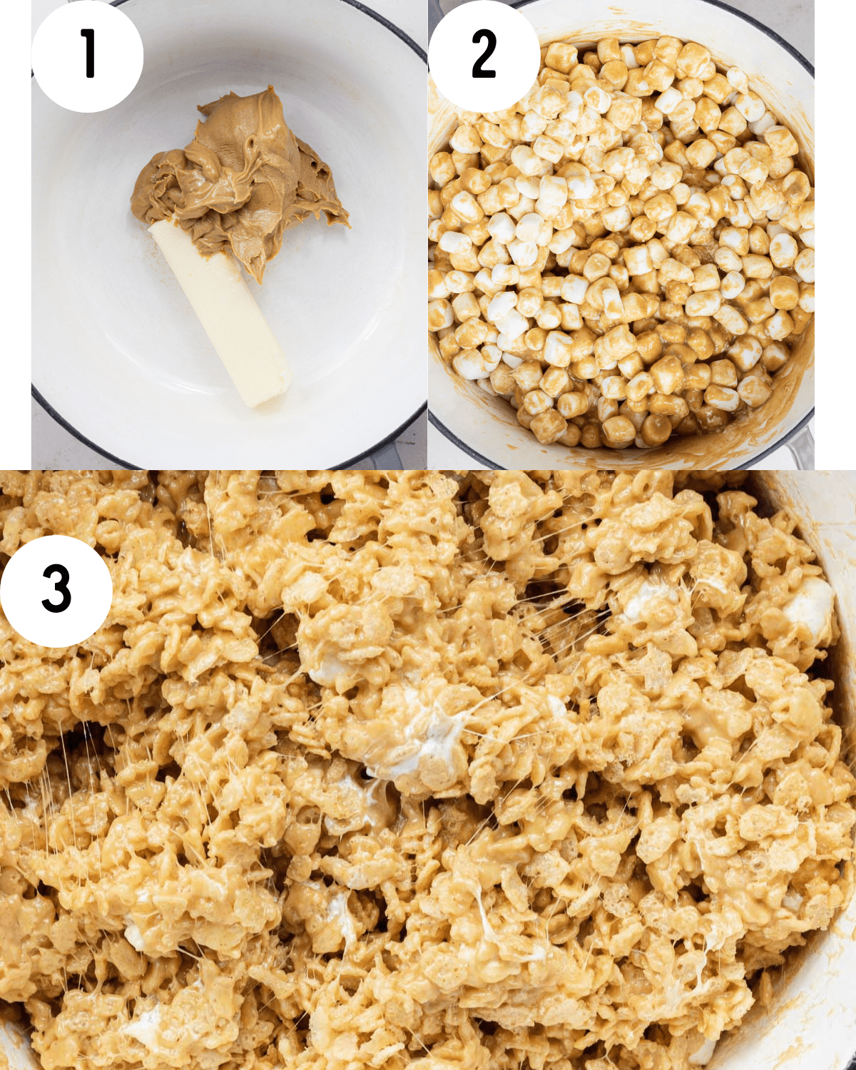 step by step how to make: stick of butter and peanut butter in a dutch oven, marshmallows poured into the melted mixture, rice krispie cereal mixed into melted marhsmallow mixture. 