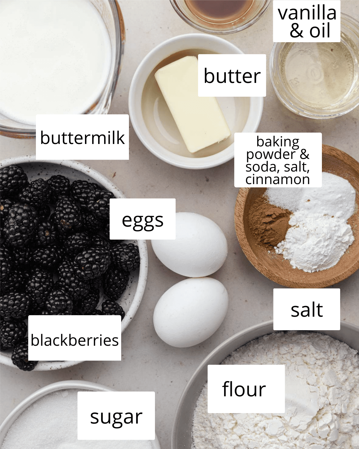 ingredients needed to make blackberry buttermilk muffins