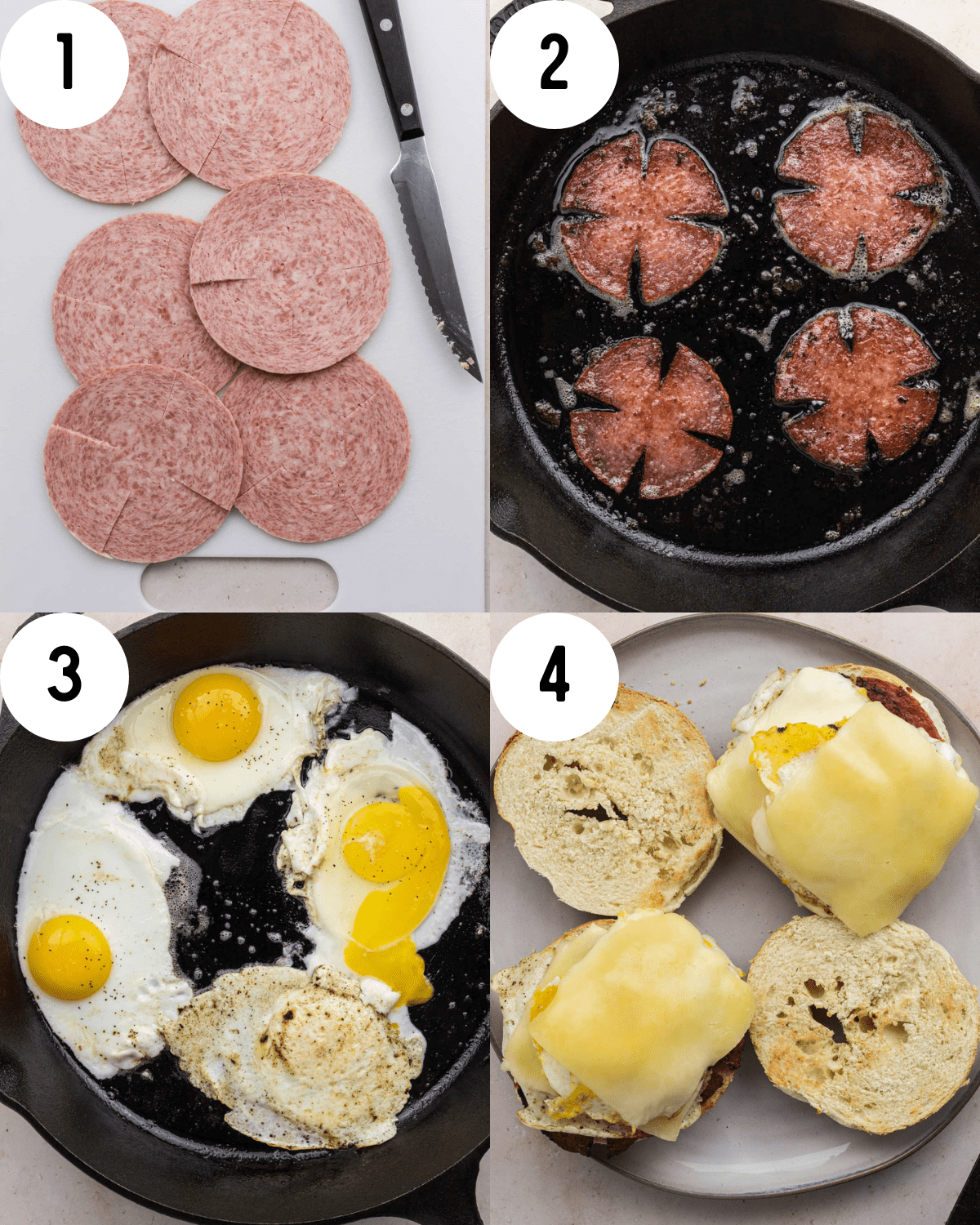 step by step pictures. 1- pork roll scored on cutting board next to a knife. 2- pork roll cooking in a black cast iron pan. 3- fried eggs in a black cast iron pan cooking. 4- cheese on eggs stacked on an open face bagel. 