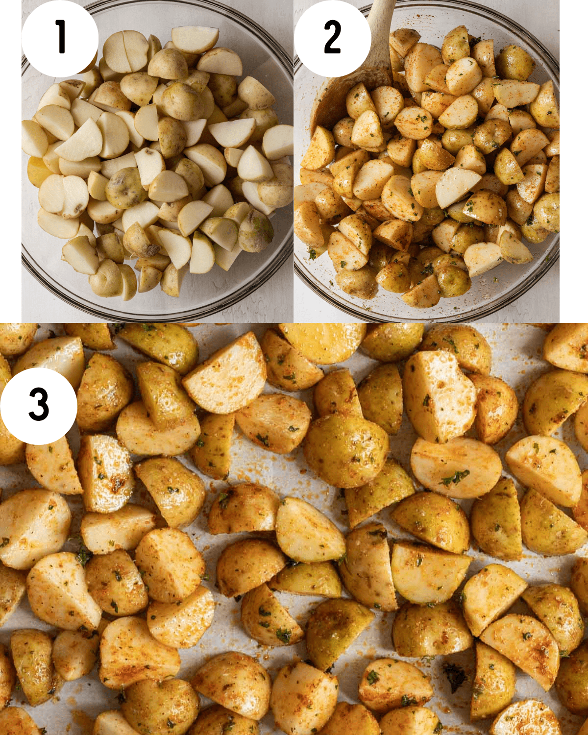 step by step process. 1- cubed potatoes in a clear glass bowl. 2- seasoned potatoes in a clear glass bowl. 3- potatoes spread out on a baking sheet.