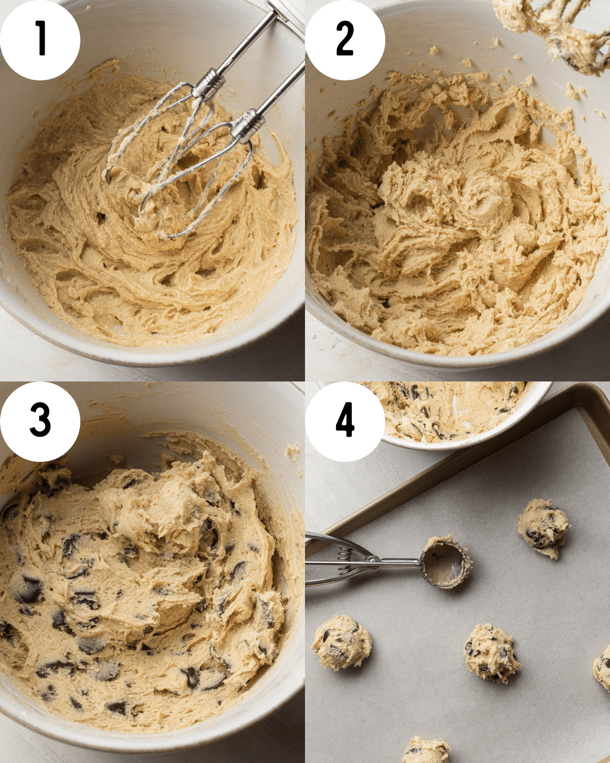 step by step instructions. 1- mixed wet ingredients in a white bowl. 2- dry ingredients added to the wet. 3-chocolate chips folded into batter. 4-cookies scooped onto a parchment paper lined baking sheet