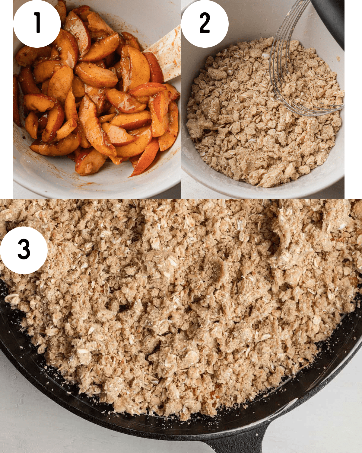 process shots of skillet peach crisp- 1. peaches and spices mixed in a bowl. 2. crumble in a white bowl. 3. peach crisp assembled before baking