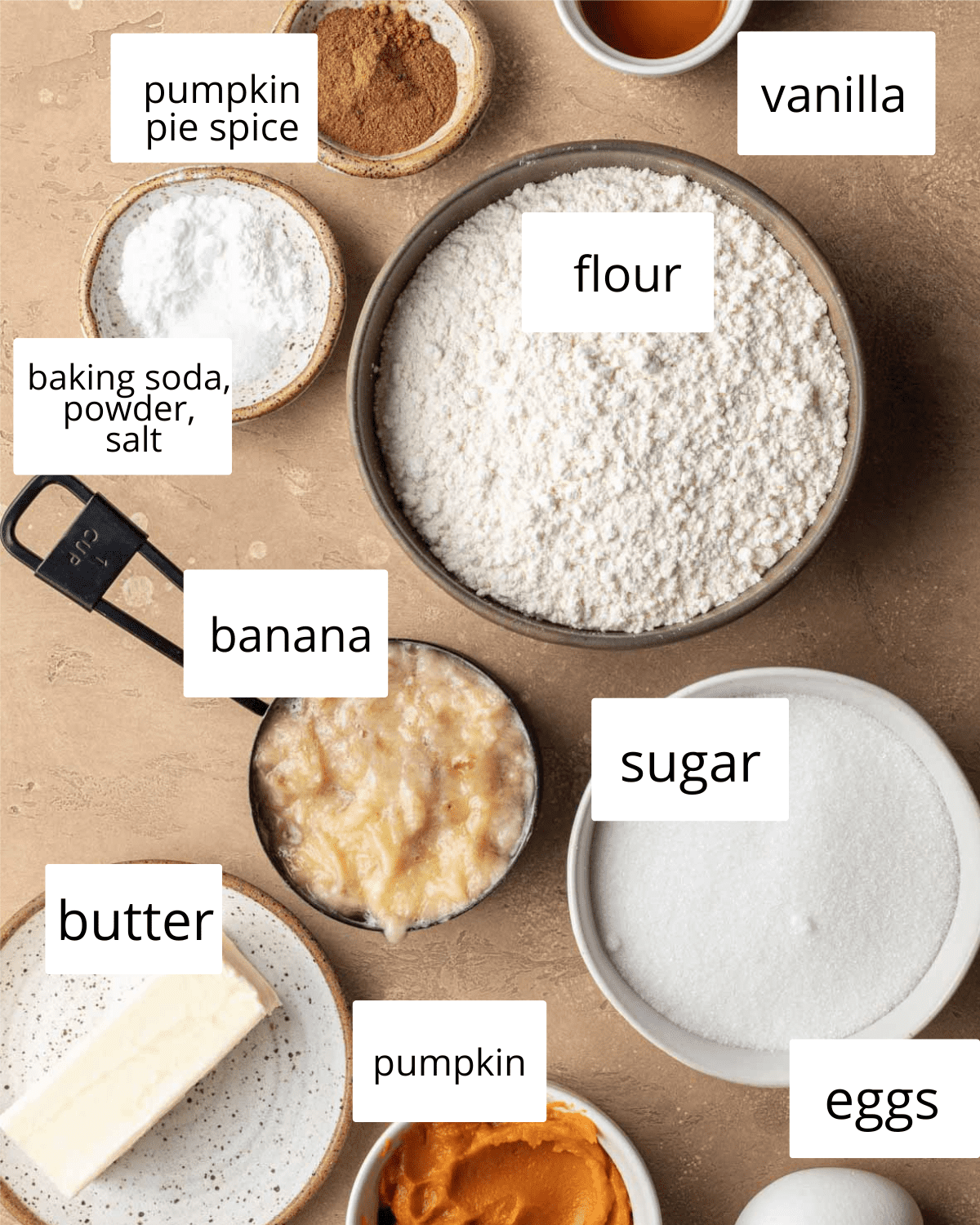 Ingredients to make Pumpkin Banana muffins.