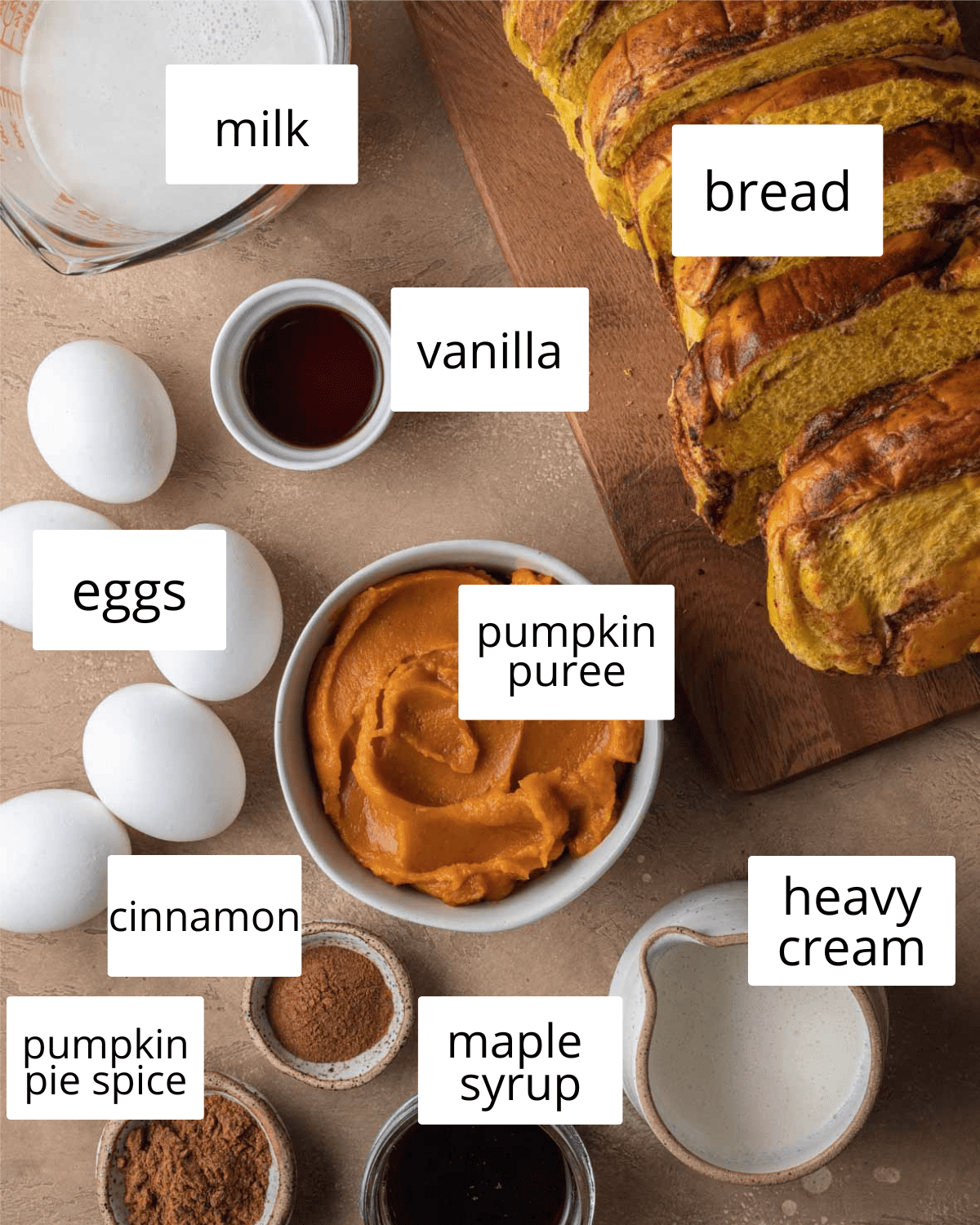 ingredients needed to make pumpkin french toast casserole. 