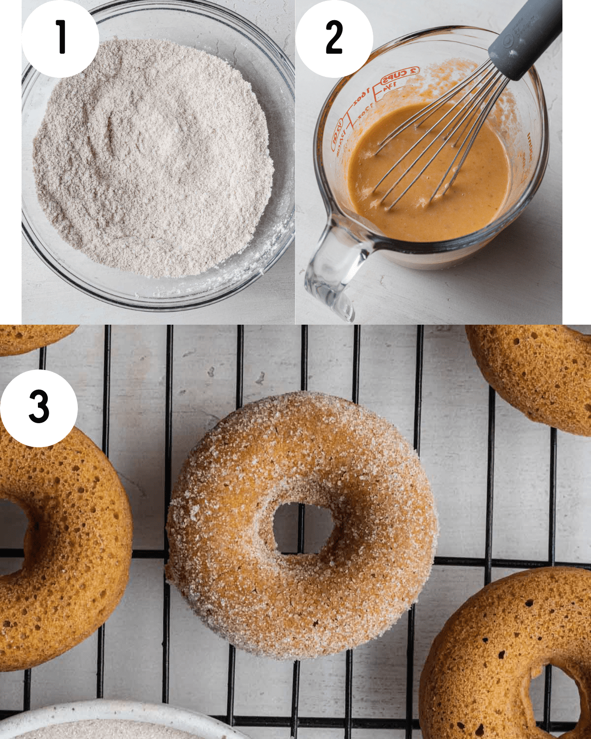 how to make pumpkin spice donuts. 1. dry ingredients in a clear bowl. 2. wet ingredients in a measuring cup with whisk. 3. sugar coating on donut on wire cooling rack. 