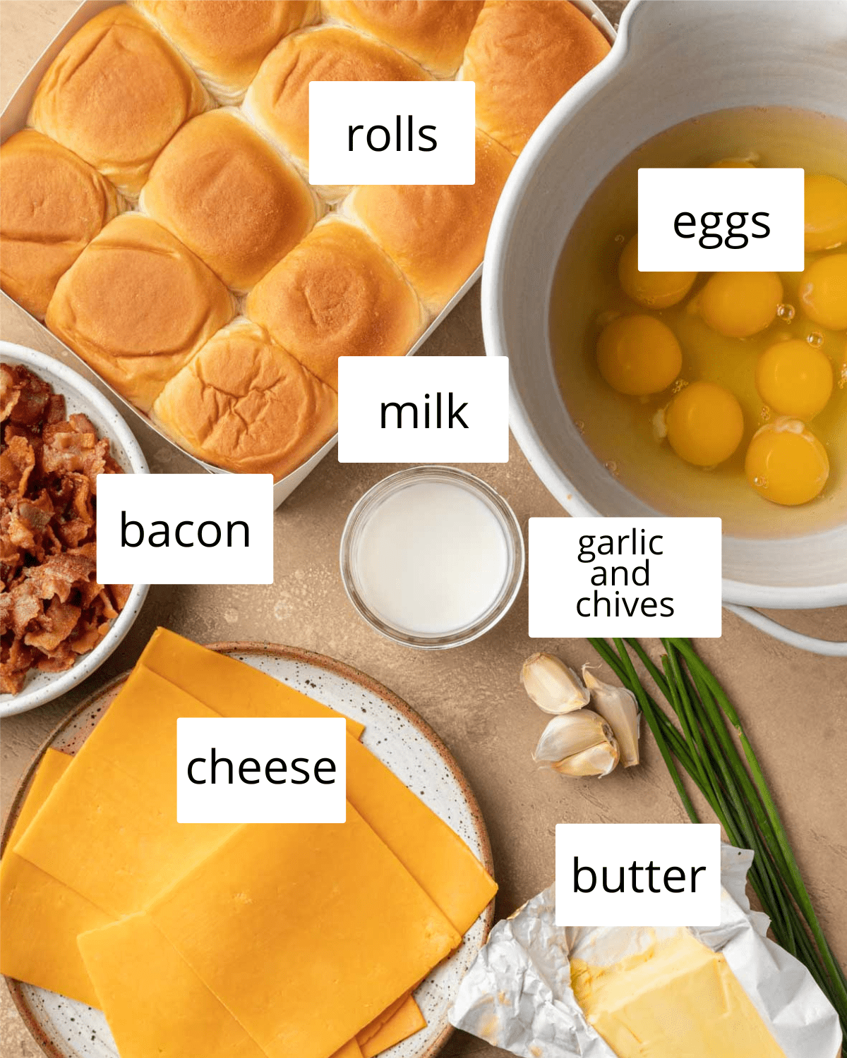 Ingredients to make Hawaiian roll breakfast sliders. 