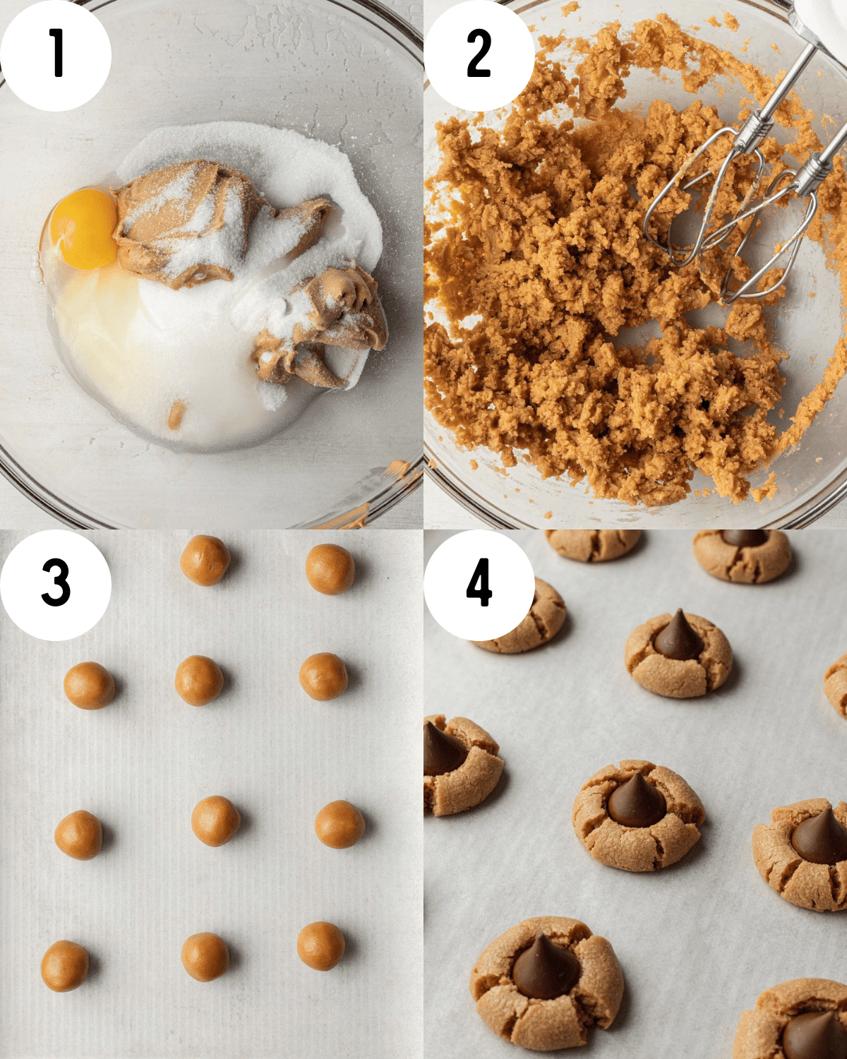 How to make three-ingredient peanut butter blossoms. 1. Three ingredients combined in glass bowl. 2. Mixed ingredients in glass bowl with mixer. 3. rolled dough in small ball form placed on sheet. 4. Hershey kisses added on top of each individual dough ball.