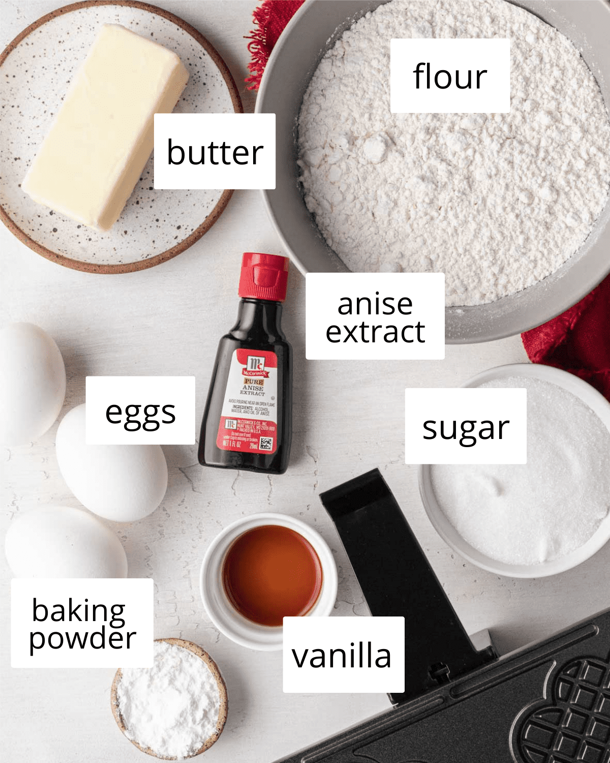 Ingredients to make Pizzelle cookies with anise. 