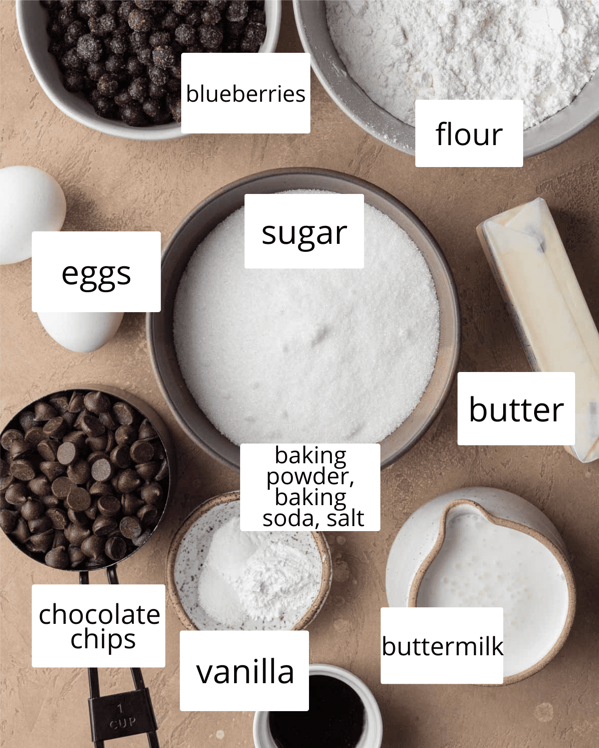 Ingredients to make Blueberry Chocolate Chip Muffins.