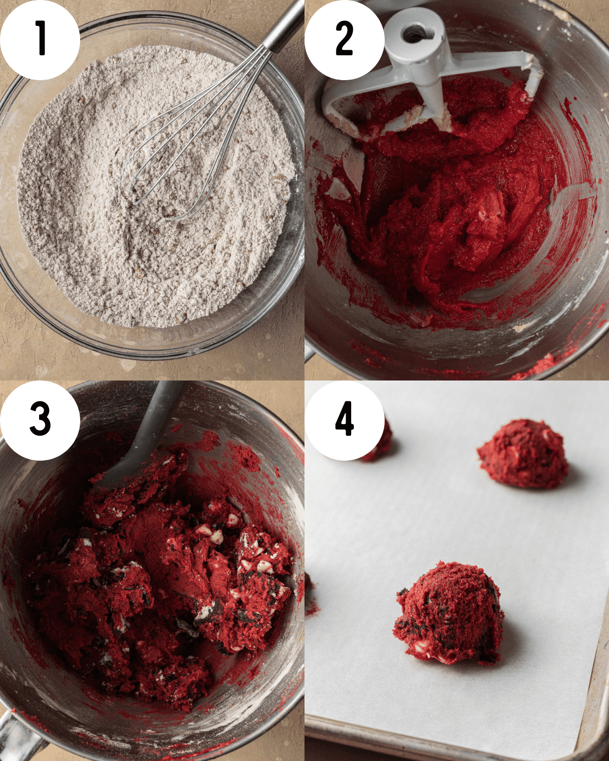 Steps on how to make Red Velvet Oreo Cookies. 1. Dry ingredients in glass mixing bowl with whisk. 2. Wet ingredients mixed with dry ingredients in silver mixing bowl with flat beater. 3. Cookie dough with oreo and white chocolate chips mixed into the silver mixing bowl with a spatula. 4. Cookie dough balls laid out on baking sheet that is lined with parchment paper.