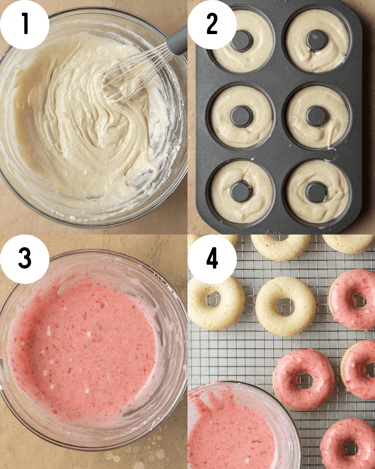 How to make strawberry glazed donuts. 1. Wet ingredients in glass mixing bowl with whisk. 2. Batter placed in donut baking pan. 3. Strawberry glaze in glass mixing bowl. 4. Baked donuts sitting on cooling rack dipped in strawberry glaze. 