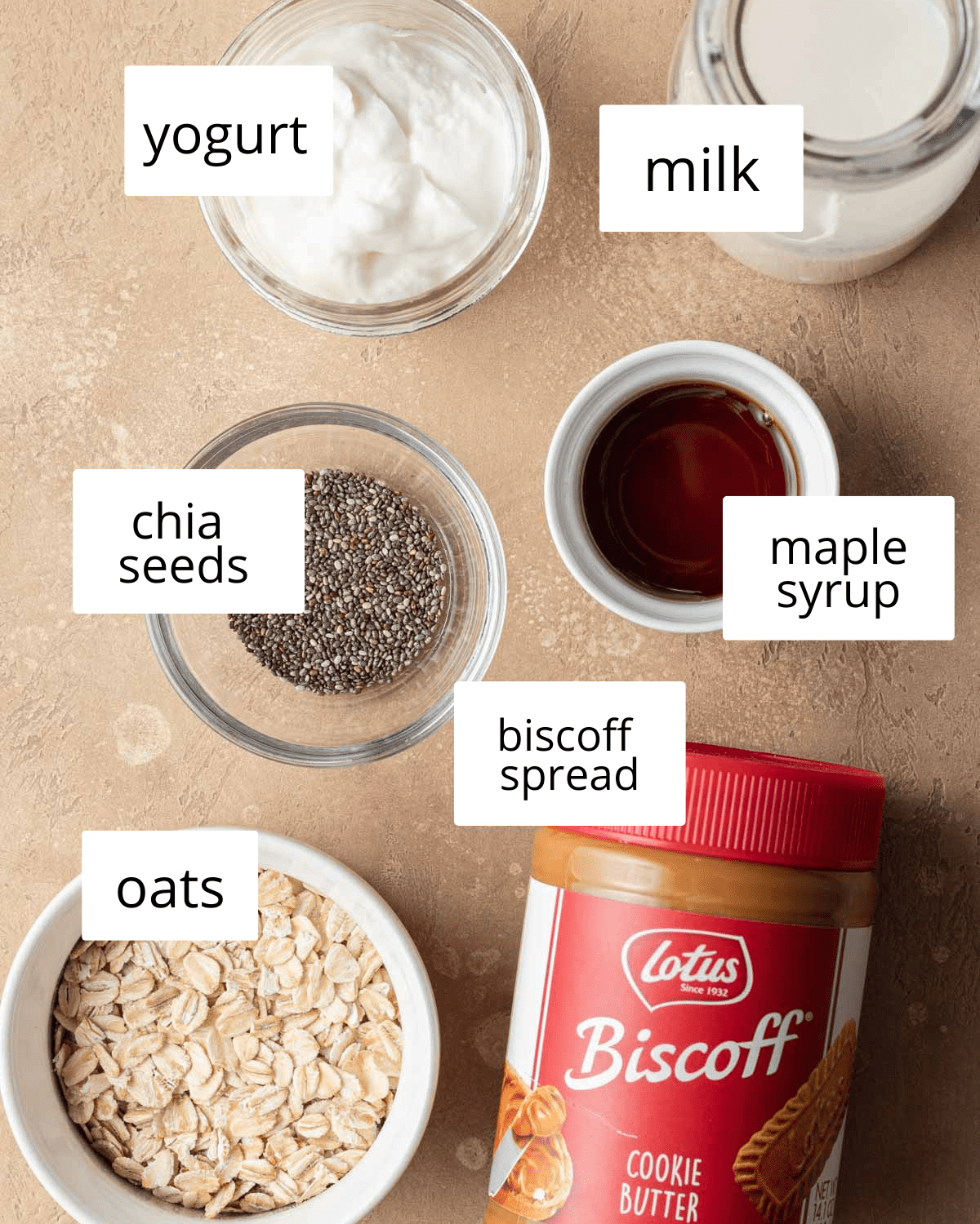 Ingredients to make biscoff overnight oats.
