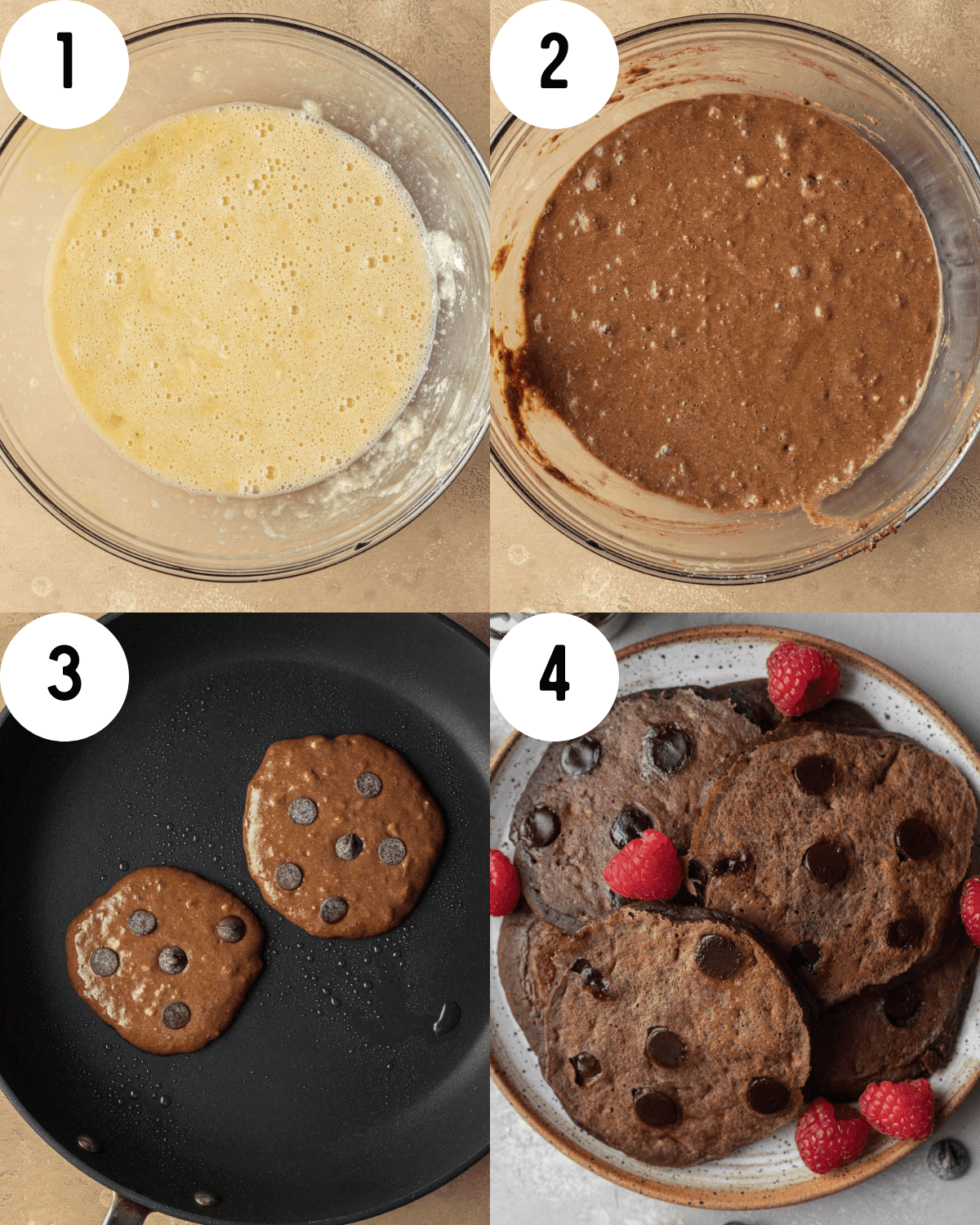 1. bowl with wet ingredients mixed together. 2. batter fully mixed in clear bowl. 3. pancakes on a black non-stick skillet with chocolate chips on top. 4. cooked pancakes on a speckled plate with raspberries 