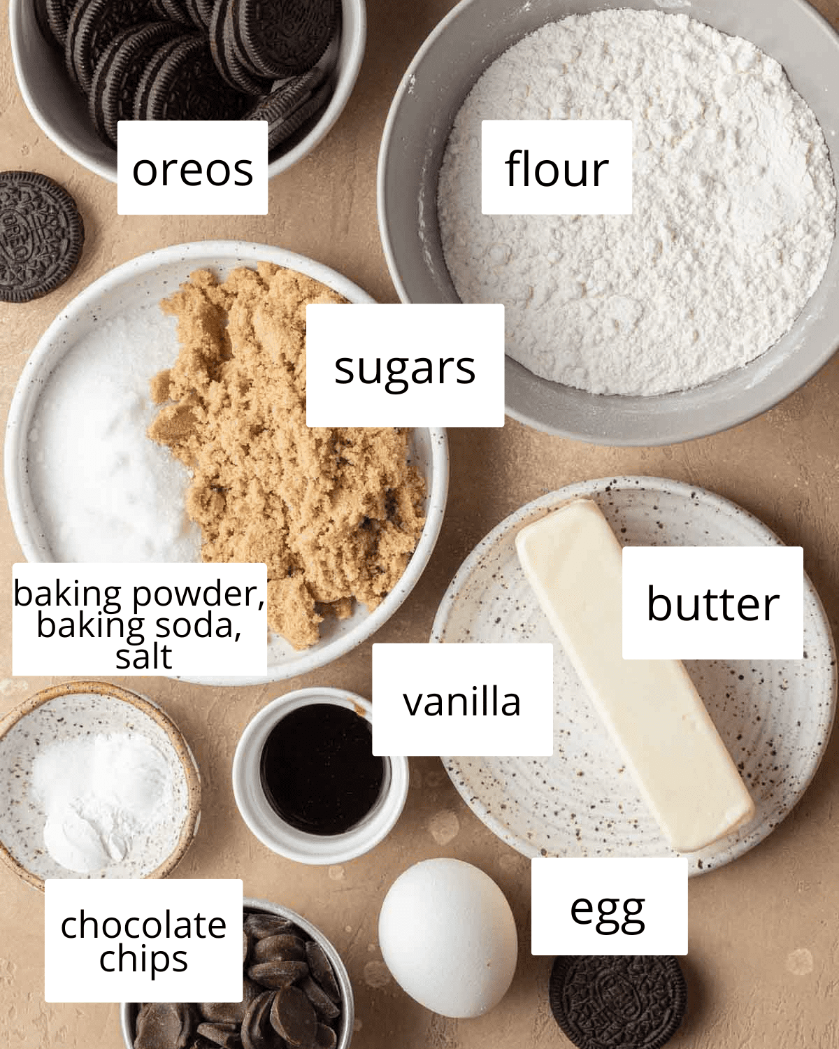 ingredients needed to make oreo chocolate chip cookies