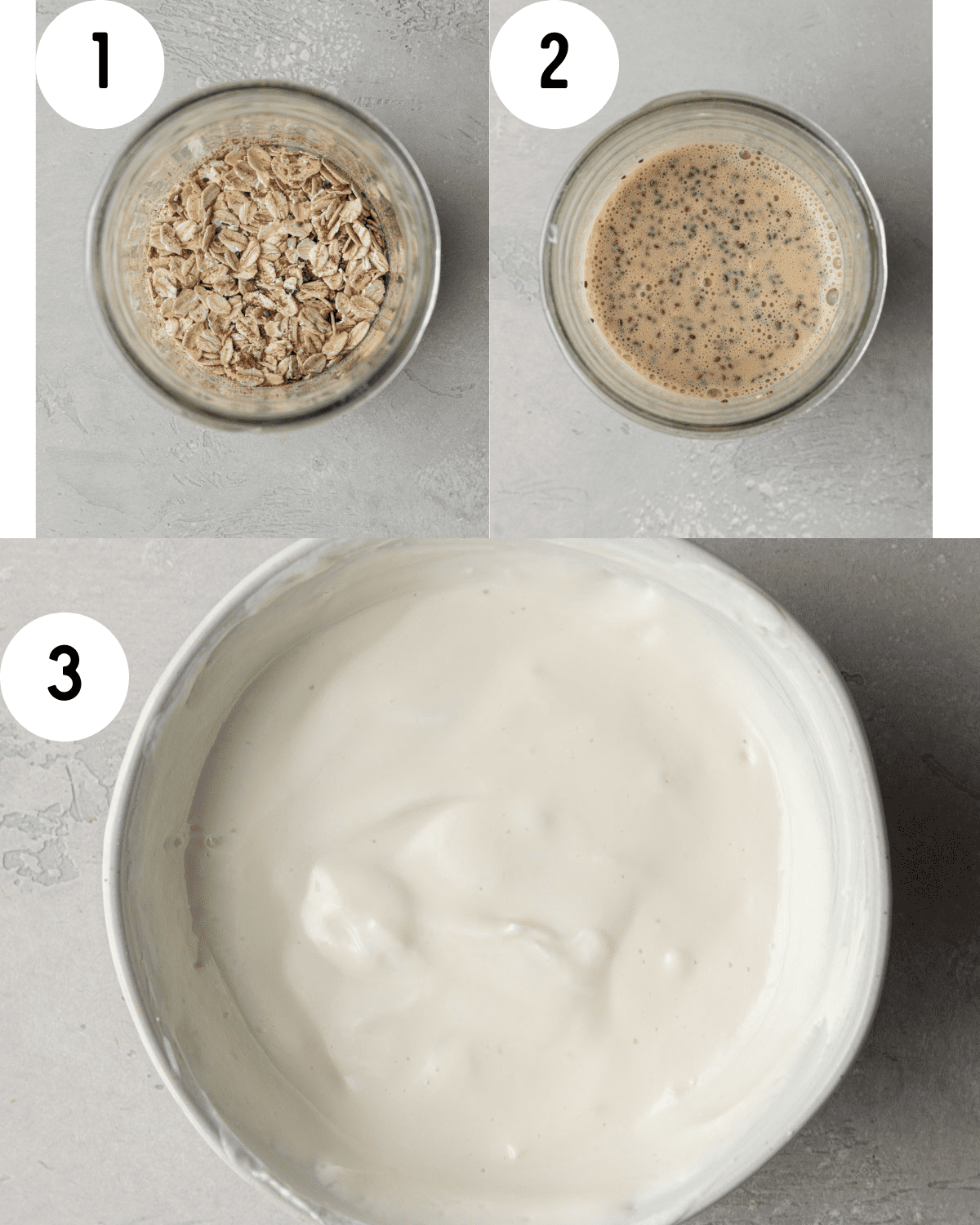 steps by step how to make overnight oats: 1. a clear mason jar filled with oats, espresso powder, and chia seeds. 2. milk, yogurt, and syrup mixed in. 3. yogurt layers mixed together in a white bowl. 