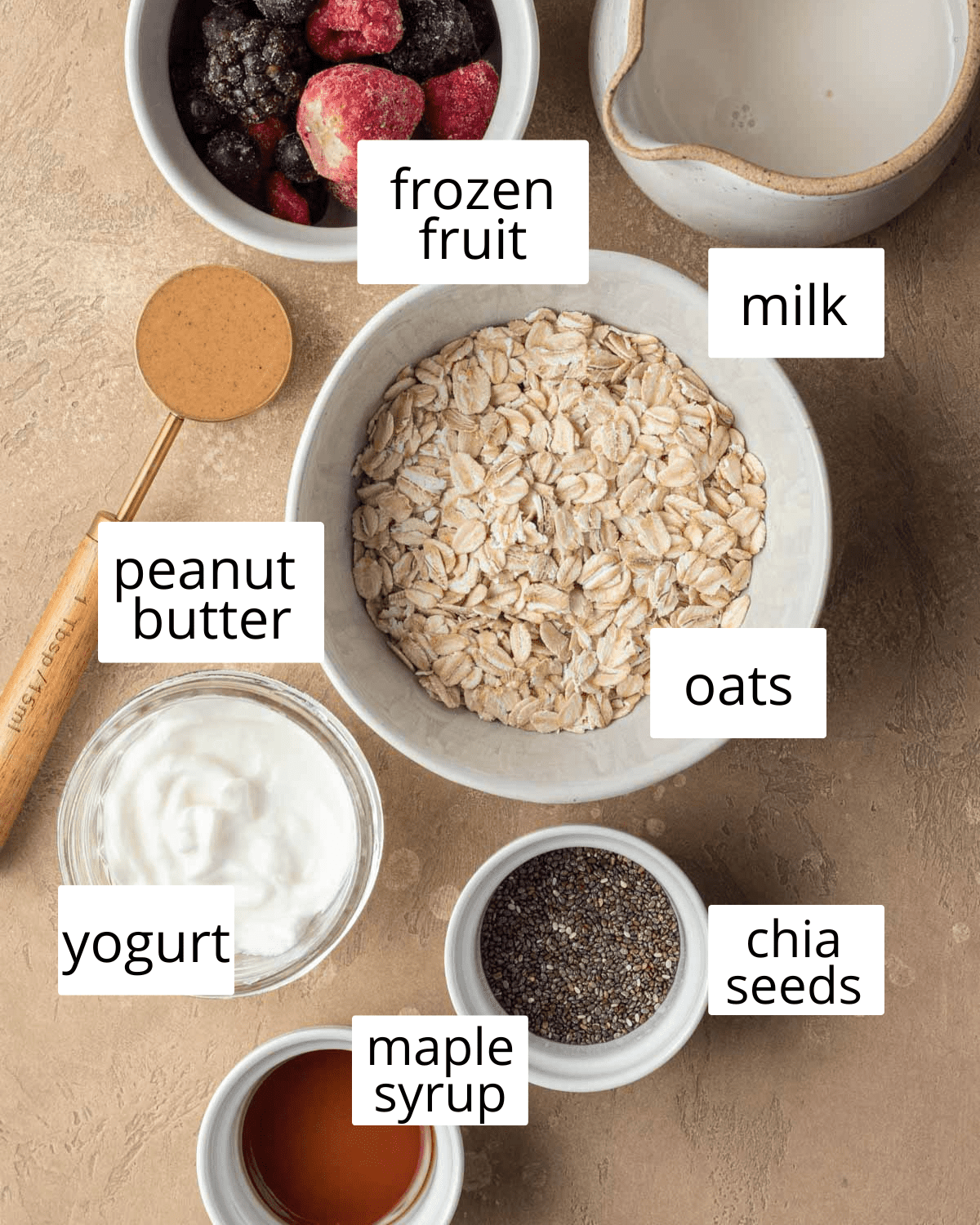Ingredients to make overnight oats with frozen fruit.