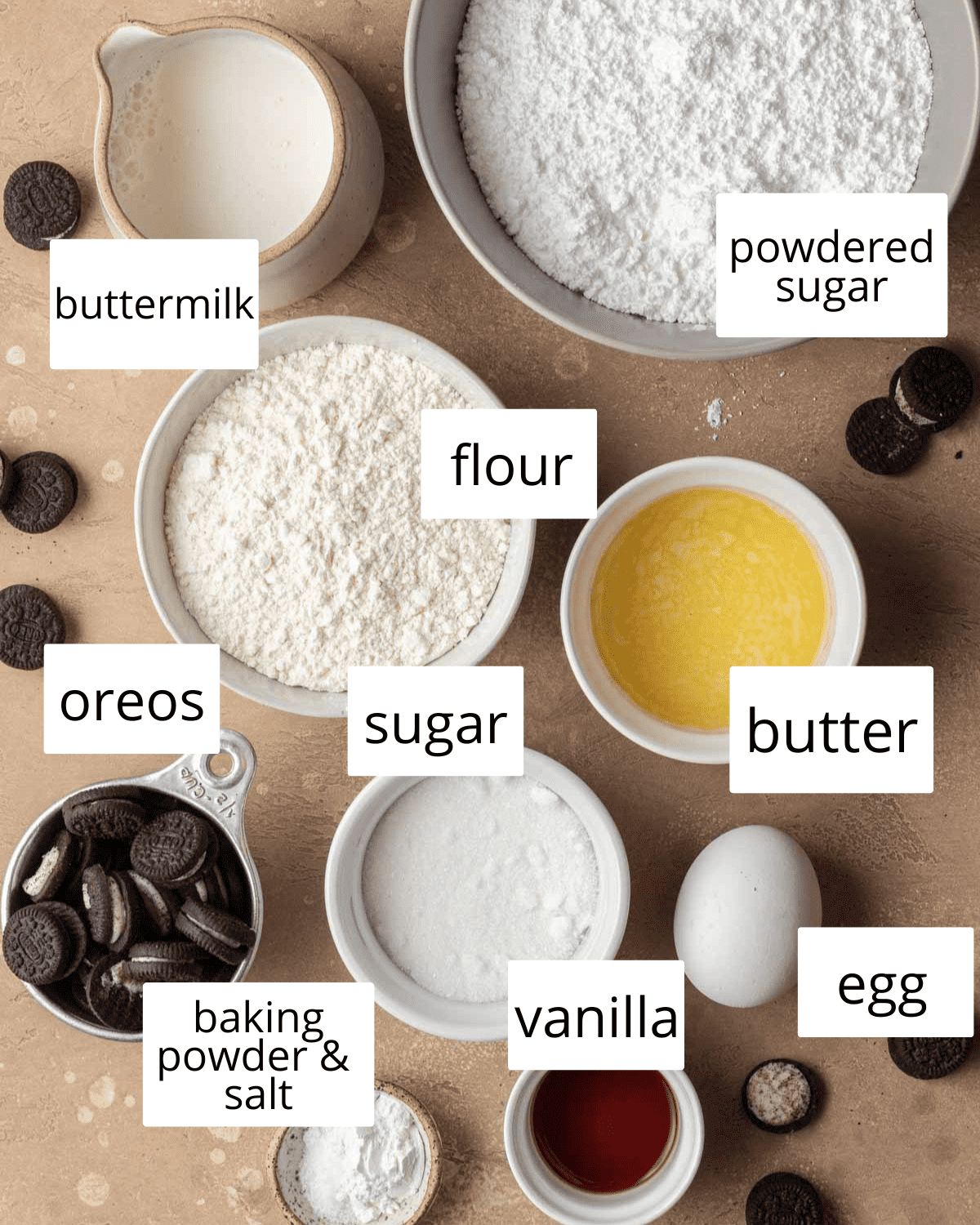 Ingredients needed to make oreo donuts.