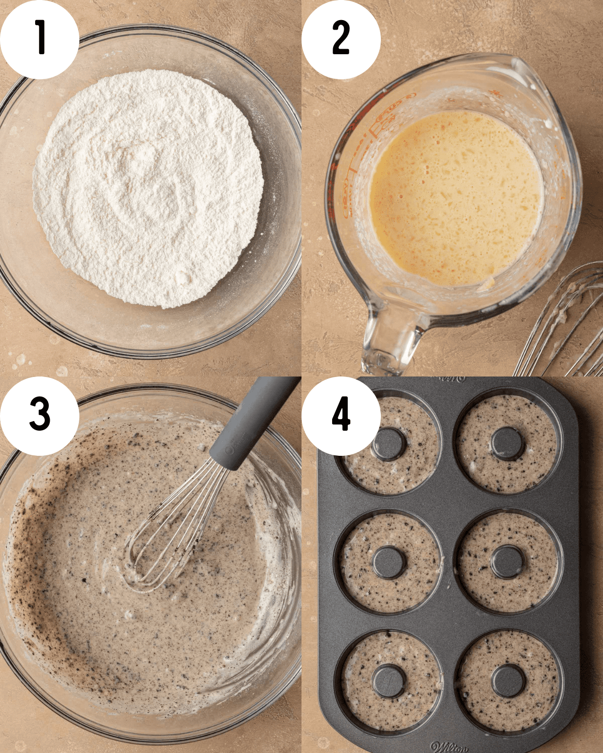 How to make oreo donuts. 1. Dry ingredients in glass mixing bowl. 2. wet ingredients in glass measuring bowl. 3. Dry and wet ingredients combined in glass mixing bowl. 4. Donut batter poured into donut baking pan, ready to be placed in oven.