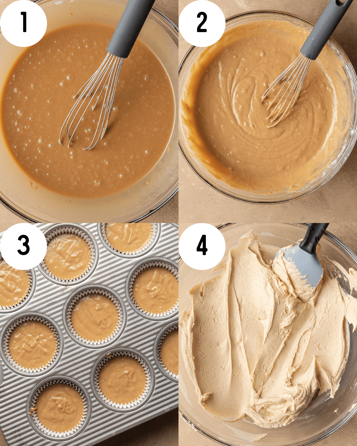How to make Biscoff Cupcakes. 1. Wet ingredients in glass mixing bowl with whisk. 2. Mix wet and dry ingredients with a whisk in the glass mixing bowl. 3. Pour batter into the cup cake pan. 4. Prepare buttercream icing in glass mixing bowl with spatula. 