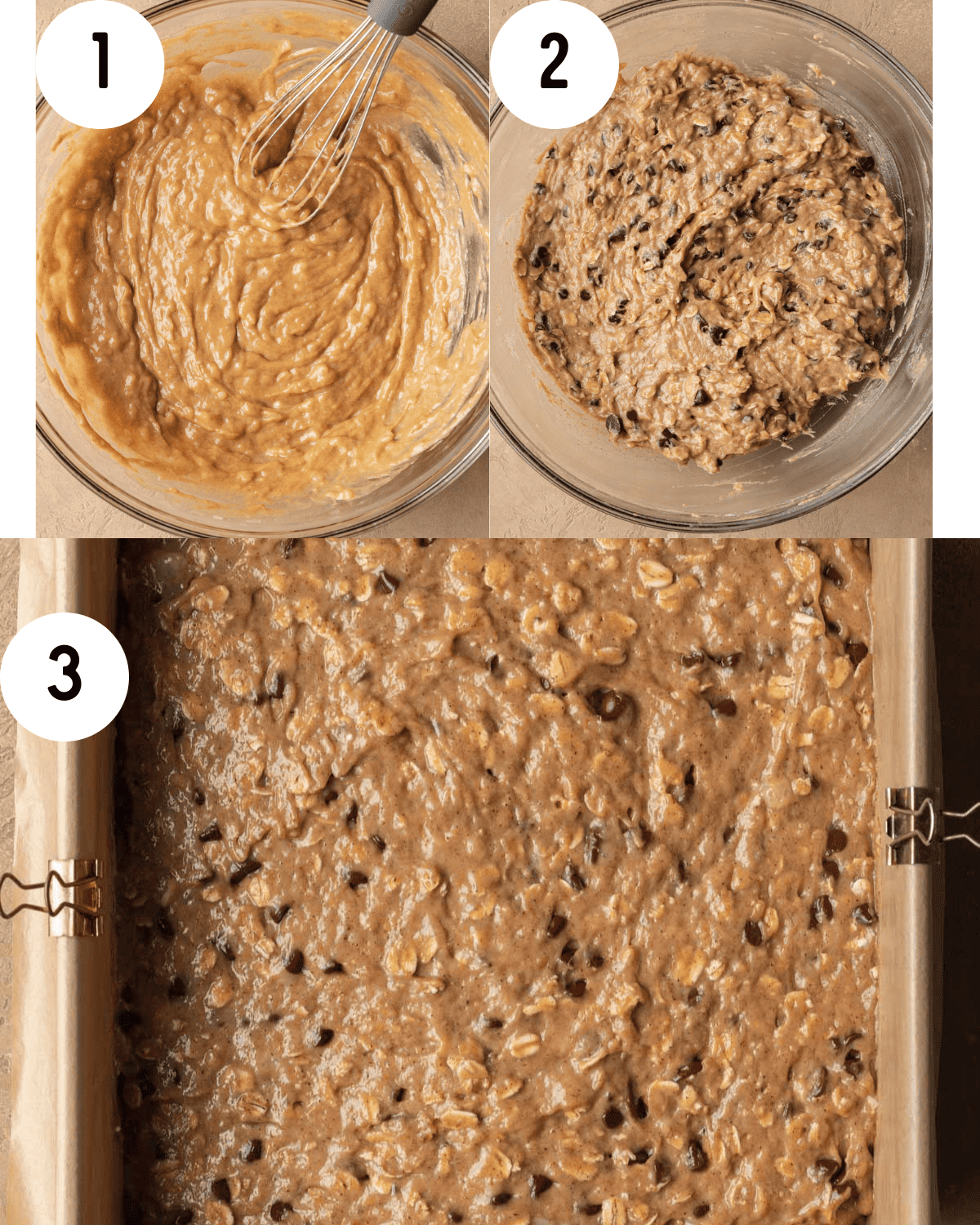 How to make Peanut Butter Banana Oatmeal bars. 1. Mix wet and dry ingredients in glass mixing bowl with a whisk. 2. Add chocolate chips into the batter and mix in glassing mixing bowl. 3. Pour batter into baking pan that is lined with parchment paper.