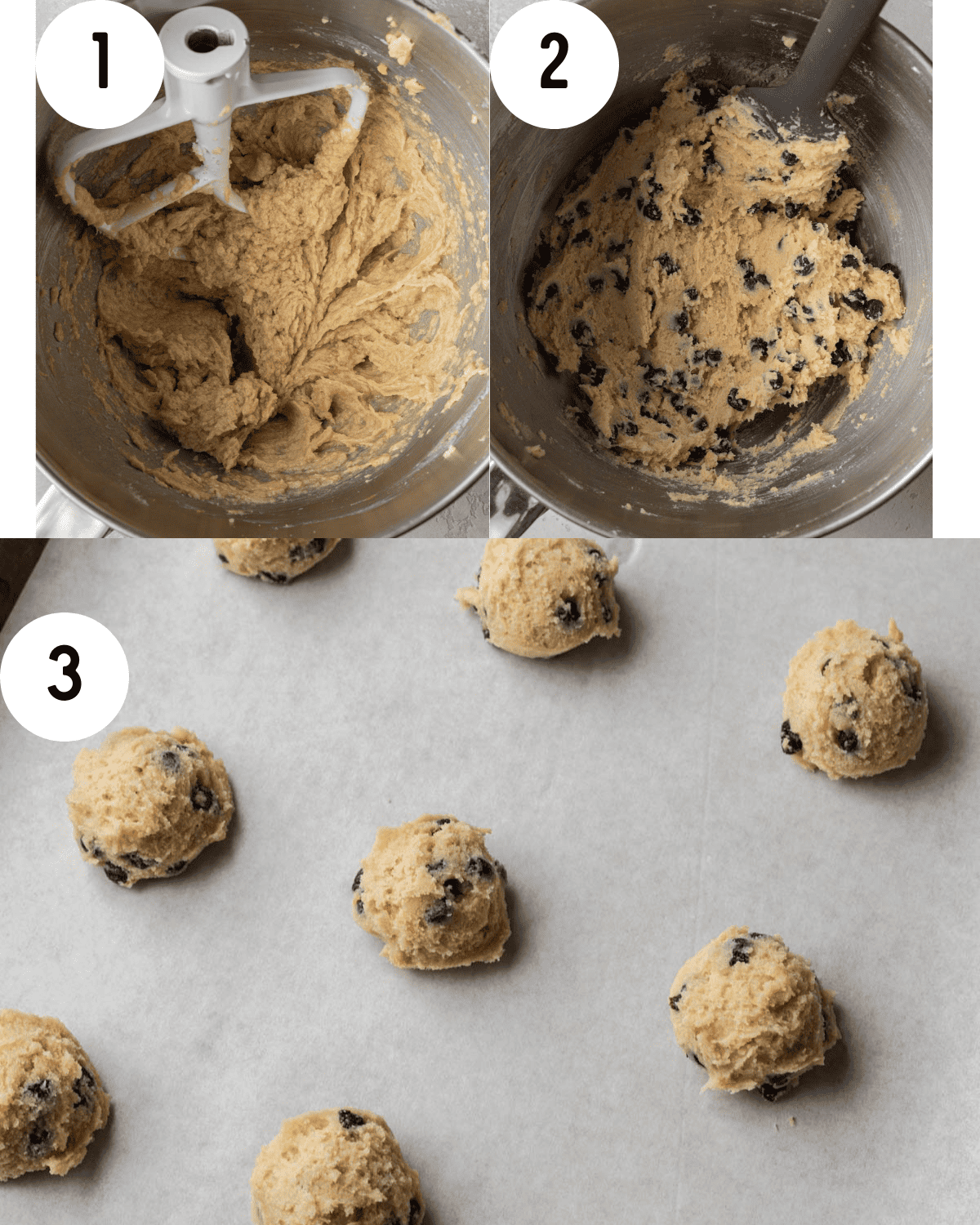 how to make lemon blueberry cookies. 1. wet ingredients mixed together in a large mixing bowl. 2. dry ingredients and blueberries mixed in the mixing bowl with a rubber spatula. 3. cookies scooped onto a  baking sheet.