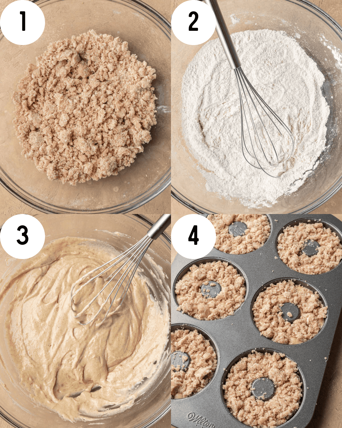 How to make crumb donuts. 1. Make crumb topping in glass mixing bowl. 2. Combine dry ingredients in glass mixing bowl with whisk. 3. Combine wet ingredients in glass bowl with whisk. 4. Add donut batter and crumb topping to donut pan.