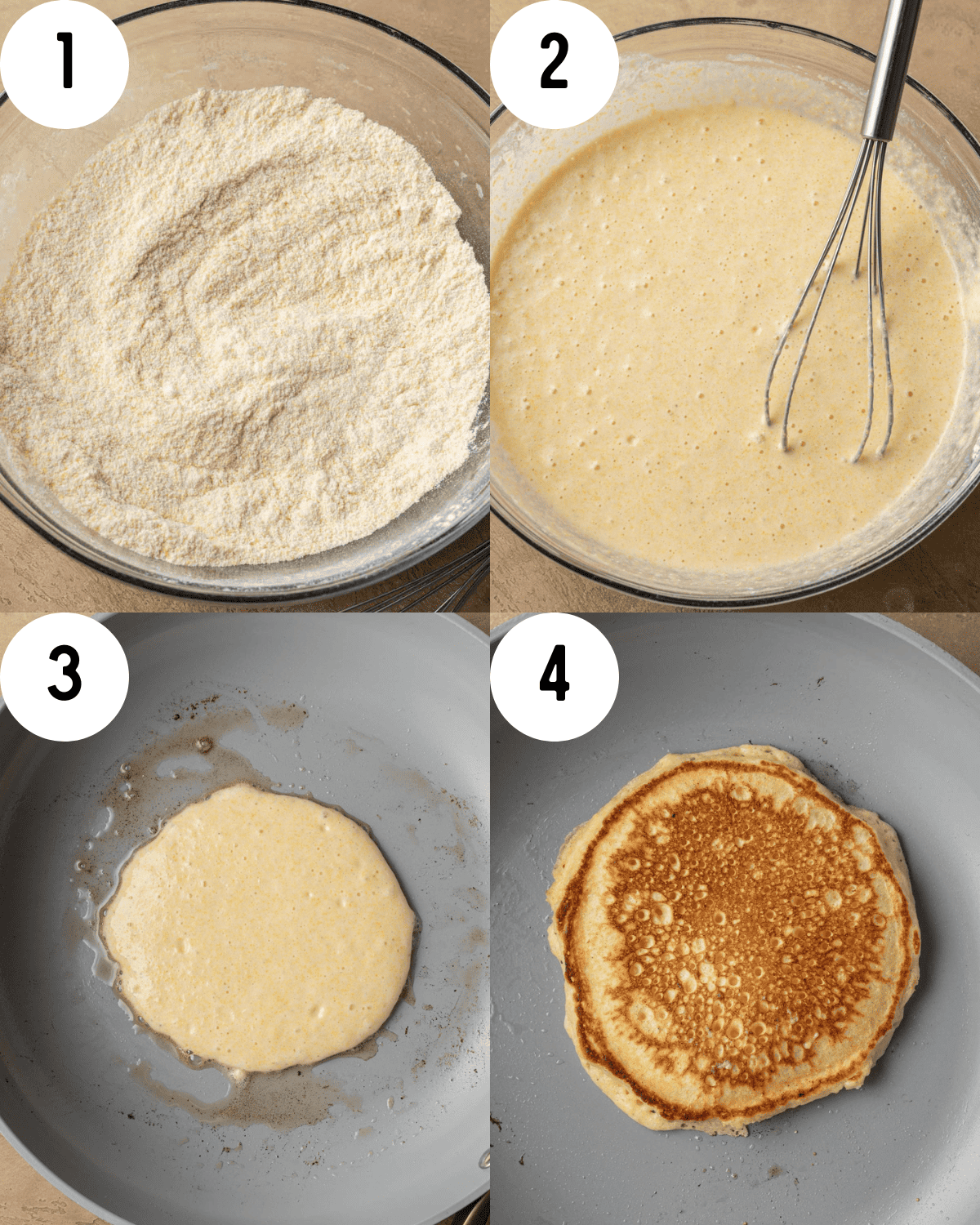 How to make cornbread pancakes. 1. Mix dry ingredients in glass mixing bowl. 2. Add in wet ingredients in glass mixing bowl and stir. 3. Scoop pancake batter into frying pan and cook one side. 4. Flip pancake to cook the other side.
