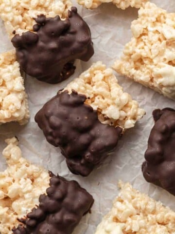 Sheet of freshly dipped chocolate cover rice krispie Treats ready to eat!