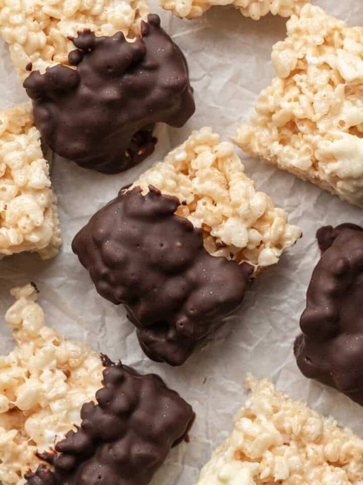 Sheet of freshly dipped chocolate cover rice krispie Treats ready to eat!