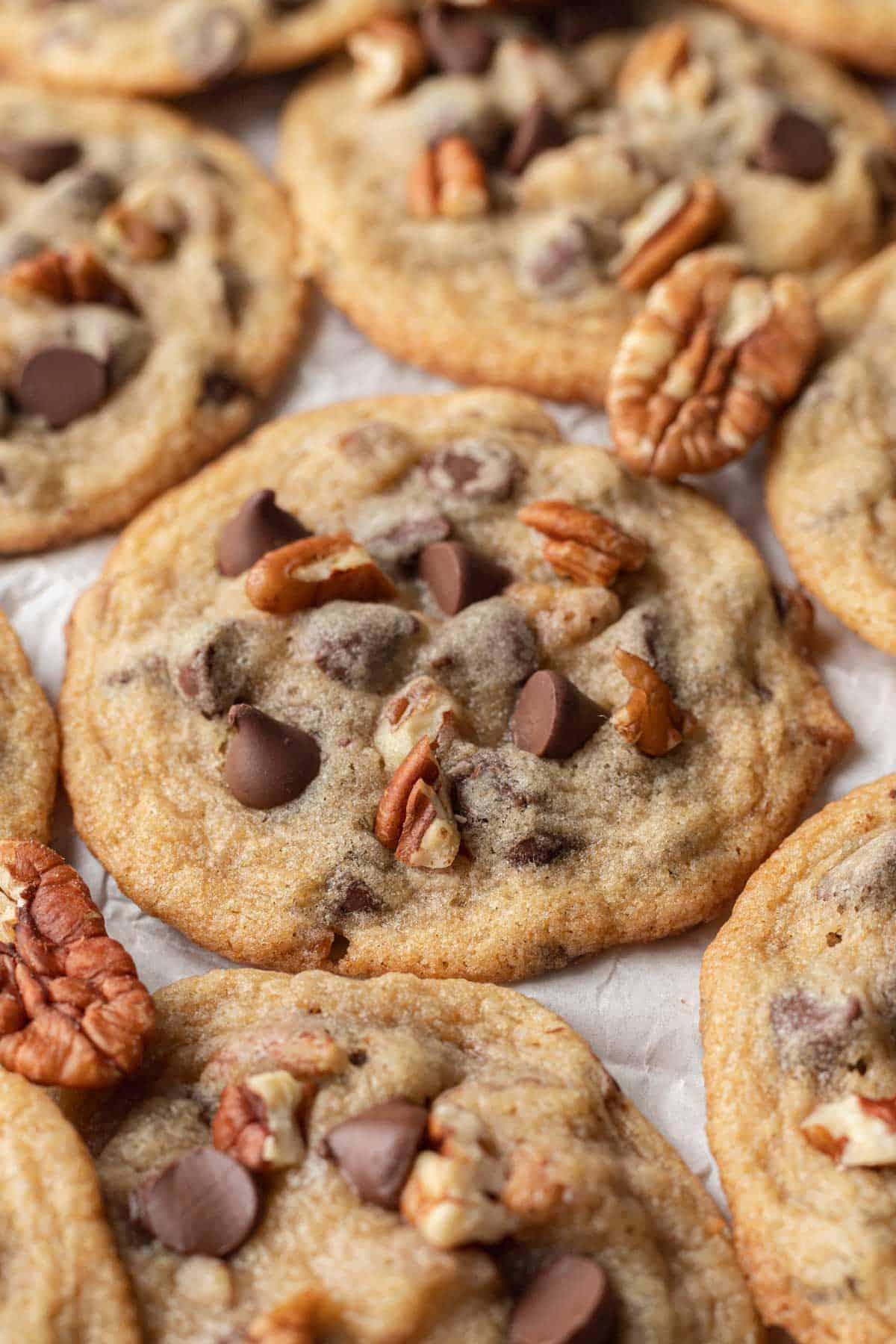 Freshly baked pecan chocolate chip cookies laying out on parchment paper to cool.