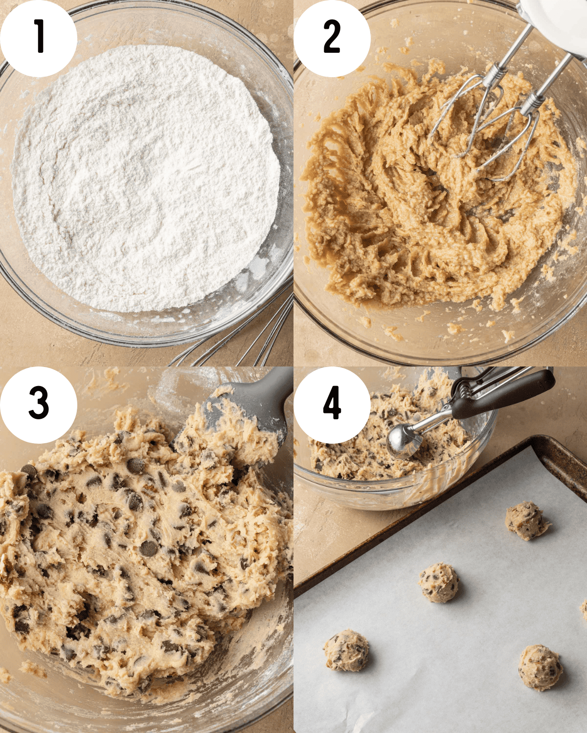 How to make pecan chocolate chip cookies. 1. Combine dry ingredients in glass mixing bowl. 2. Add wet ingredients in the glass mixing bowl and stir. 3. Add in chocolate chips and pecans in glass mixing bowl. 4. Scoop cookies onto baking pan lined with parchment paper.