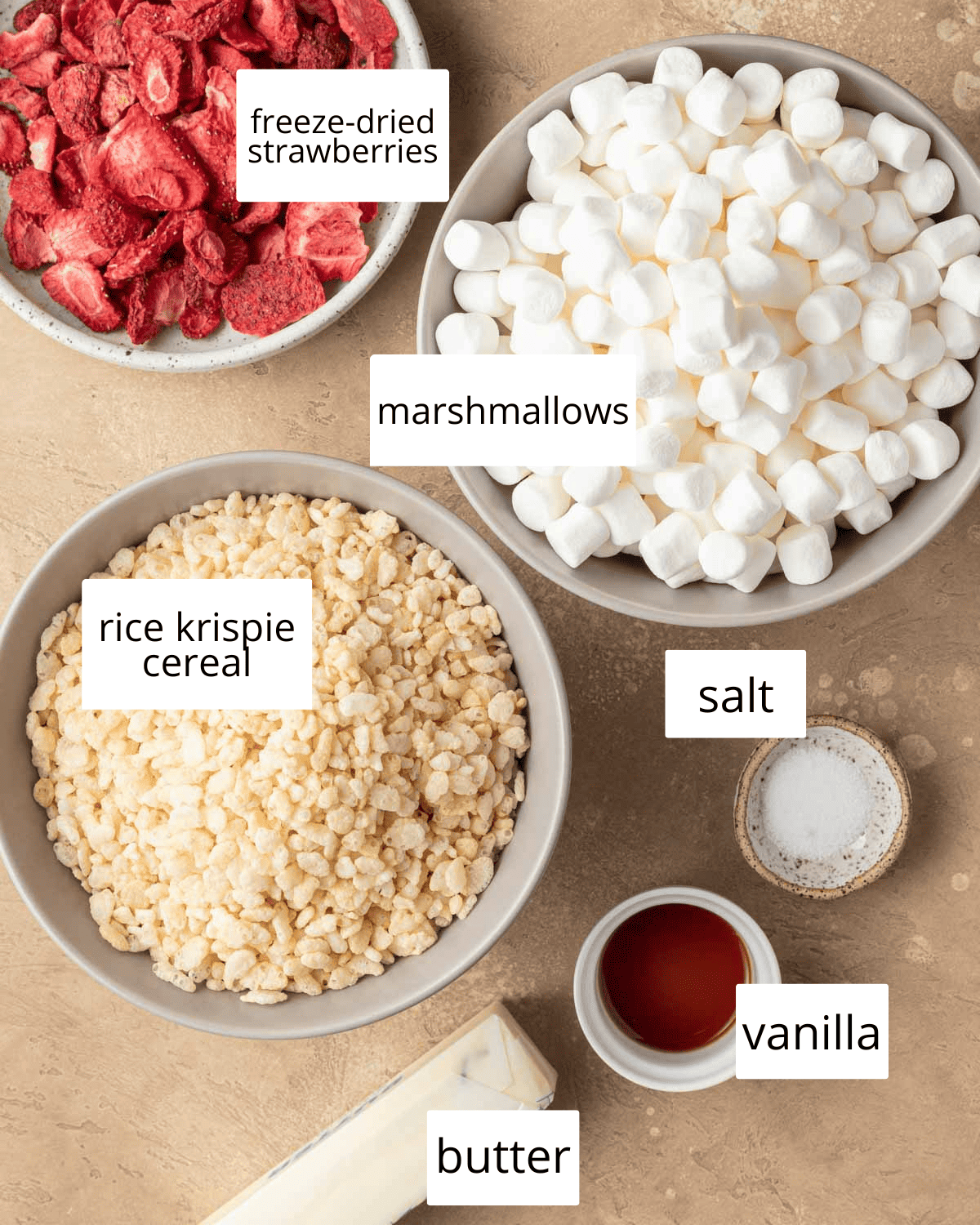 Ingredients needed to make strawberry rice krispie treats.