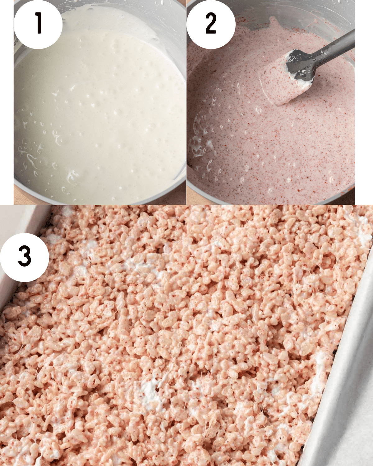 How to make strawberry rice krispie treats. 1. Mix liquid ingredients in mixing bowl. 2. Add in freezer dried strawberries to liquid ingredients in mixing bowl. 3. Combine liquid with rice krispies and fold into a baking sheet.