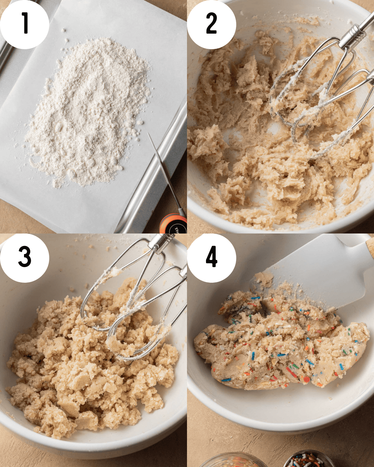How to make edible cookie dough. 1. Measure out dry ingredients. 2. Mix together dry and wet ingredients with a mixer in a glass mixing bowl. 3. Continue to mix the dough until it becomes a dough like consistency. 4. Add sprinkles into the dough in the glass mixing bowl and combine with a spatula.