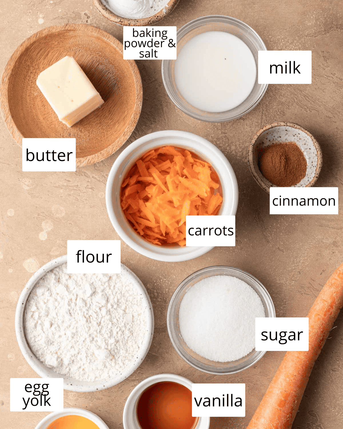 Ingredients needed to make a carrot cake mug cake.