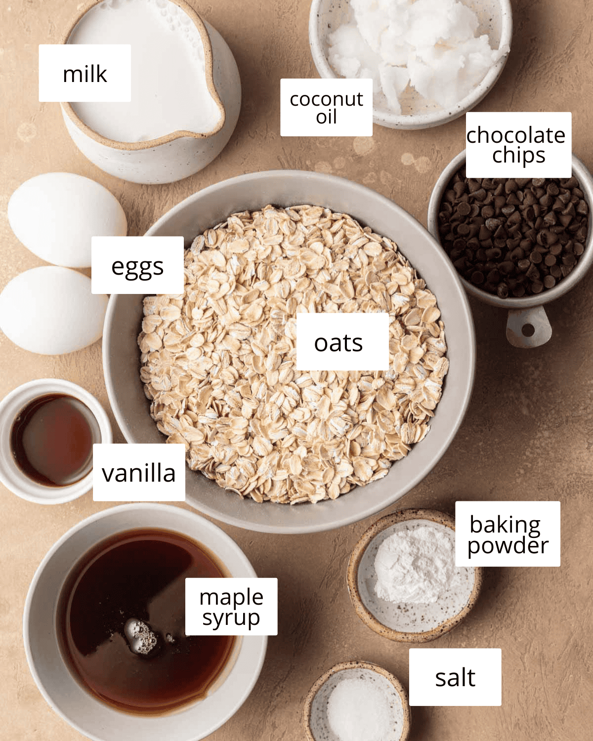 Ingredients needed to make chocolate chip baked oatmeal.