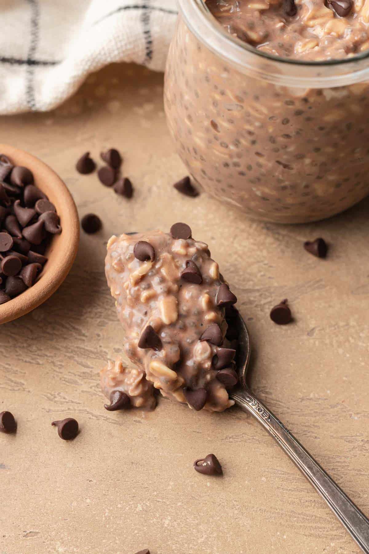 A spoonful of chocolate protein overnight oats.