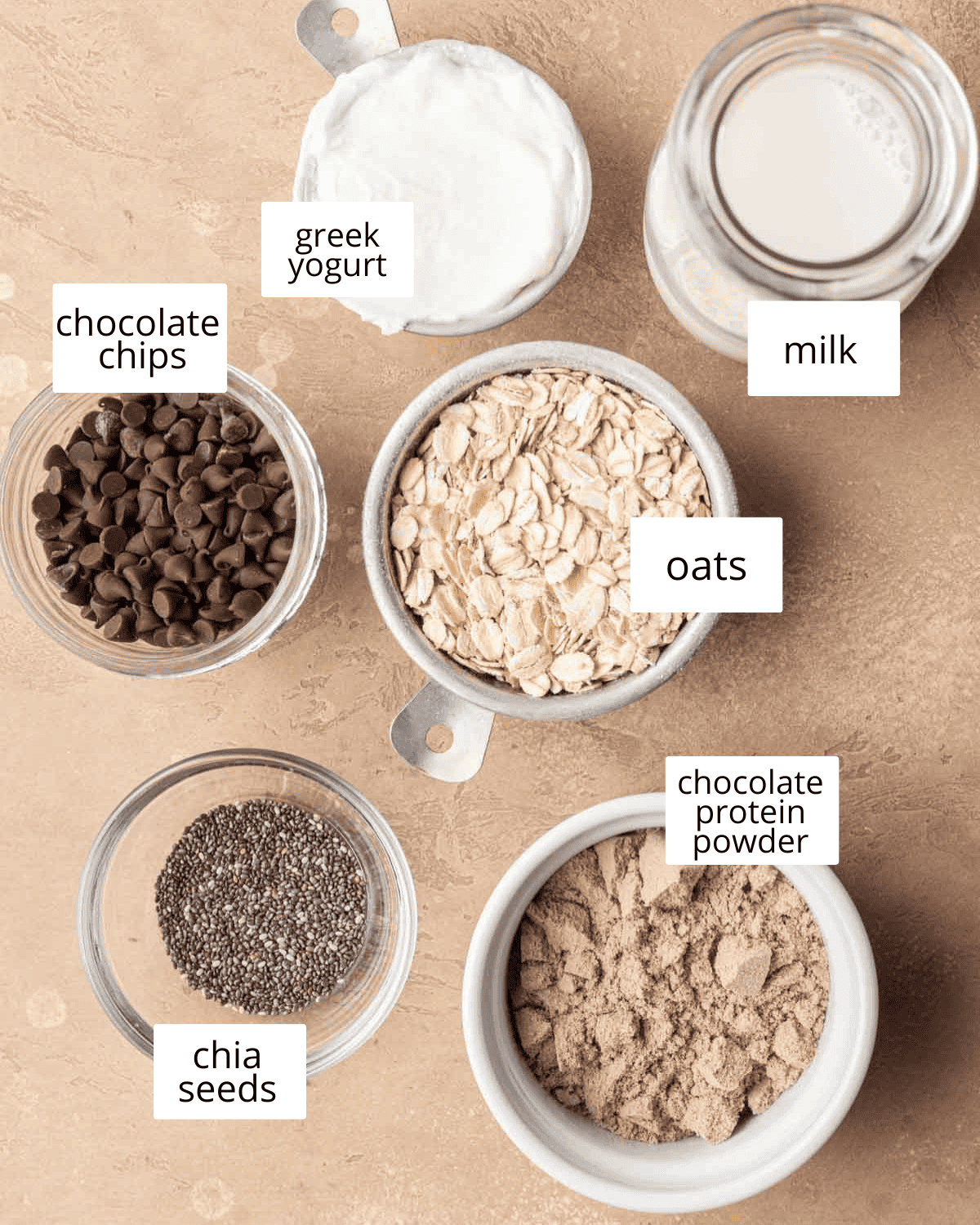 Ingredients needed to make chocolate protein overnight oats.