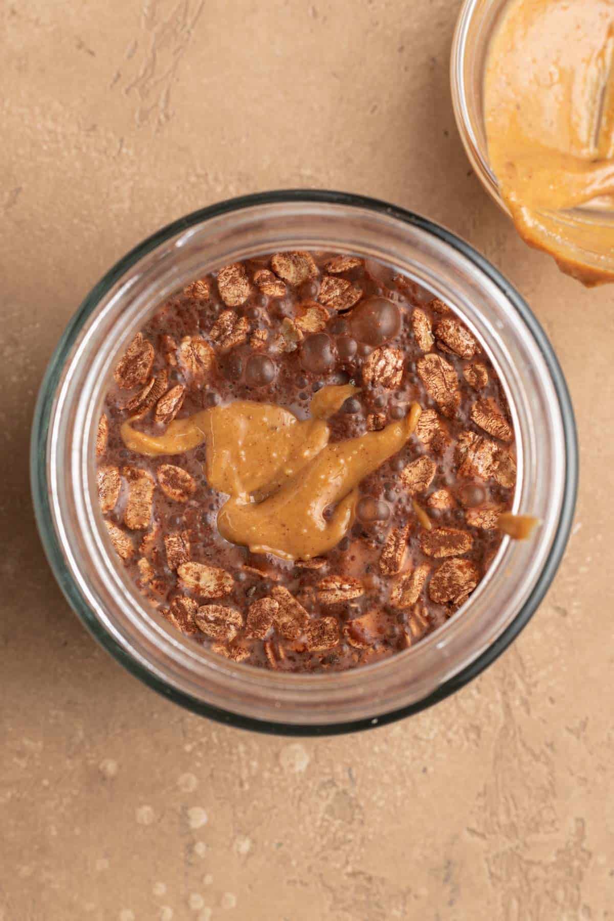 wet ingredients added to dry and topped with peanut butter before mixing.