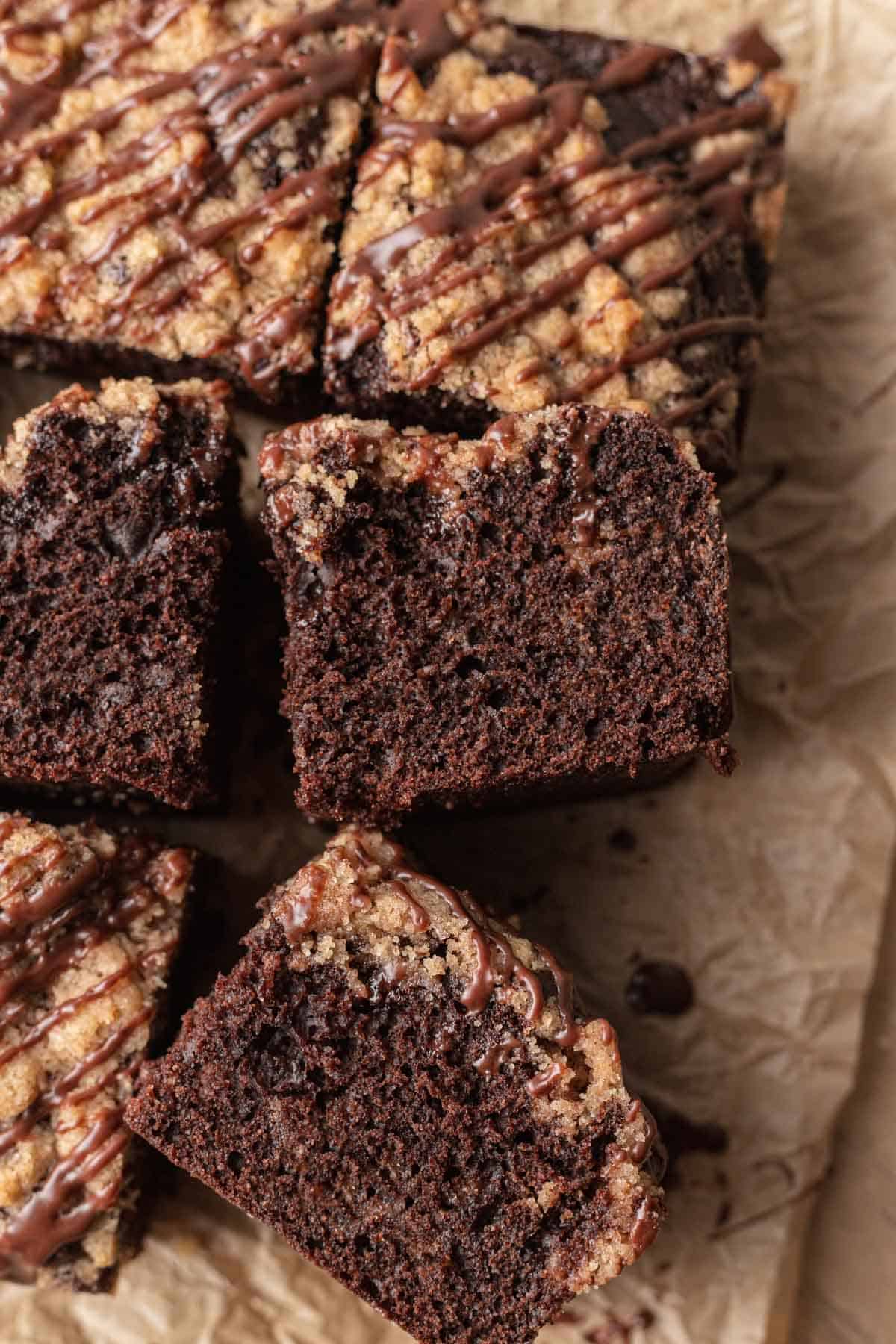 cake slices shot from overhead on brown parchment paper